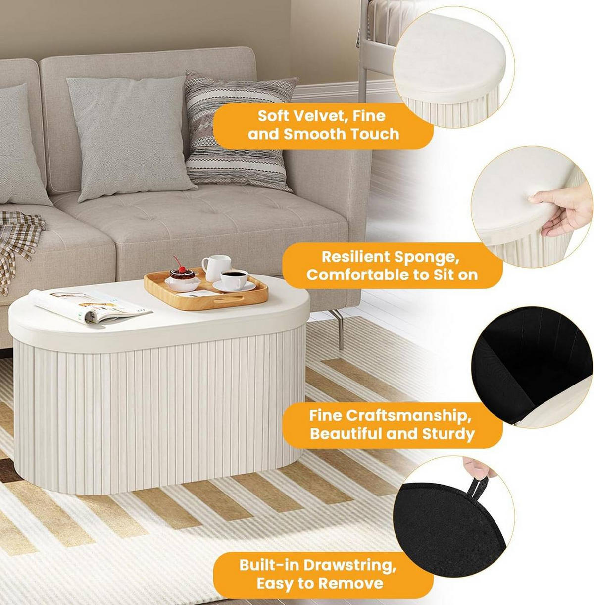 SITZHOCKER mit Deckel Stauraum, 76x38x38 cm, Creme - Creme, Textil (78/38/38cm) - Woltu