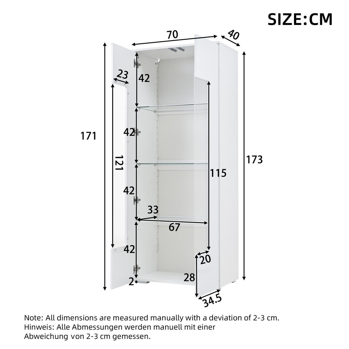VITRINE Hochglanz LED Acryltüren Gehärtetes Glas Weiß - Weiß, Holzwerkstoff (70/173/40cm) - FLIEKS