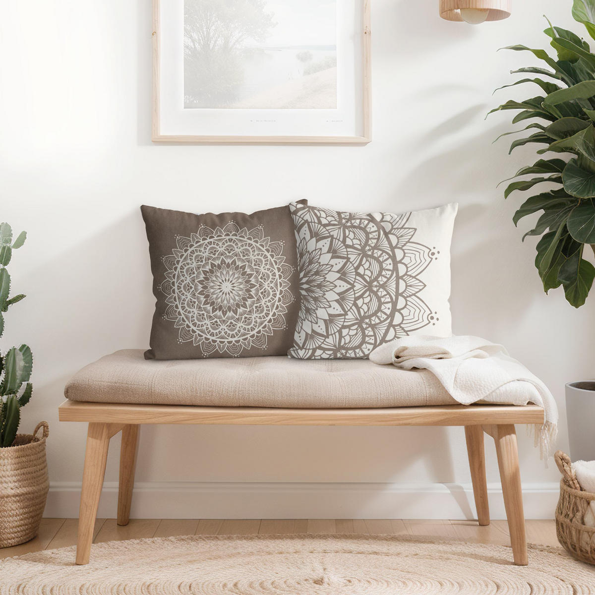 DEKOKISSEN 2er-Set Mandala Illustration shabby Set beige weiß 50/50 cm - Weiß, Textil (50/50cm) - Bilderwelten