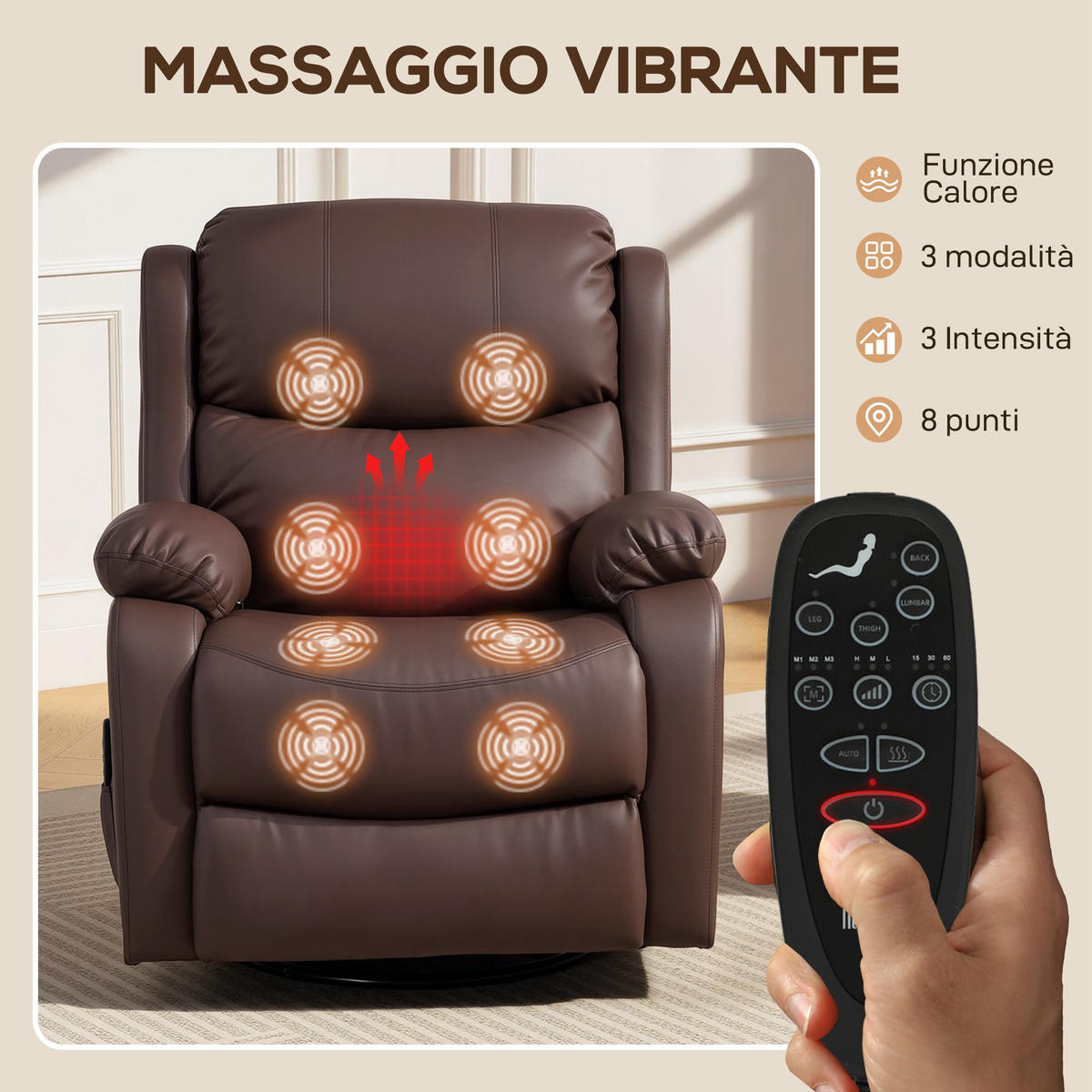 MASSAGESESSEL,8 Massagepunkte Heizung Fußstütze,braun - Braun, Leder (85/100/97cm) - Vallsero