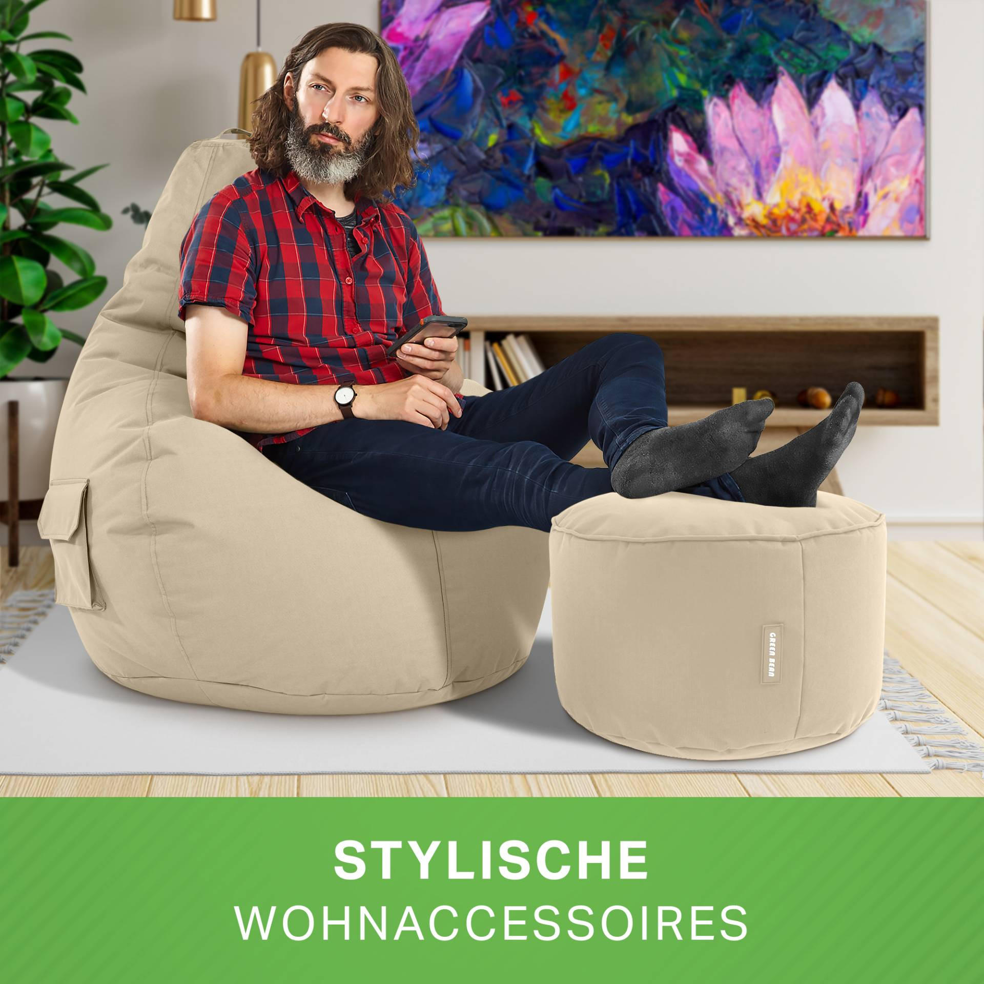 SITZSACK + Hocker "Cozy+Stay" 2er Set - Beige, Textil (70/90/80cm) - Green Bean