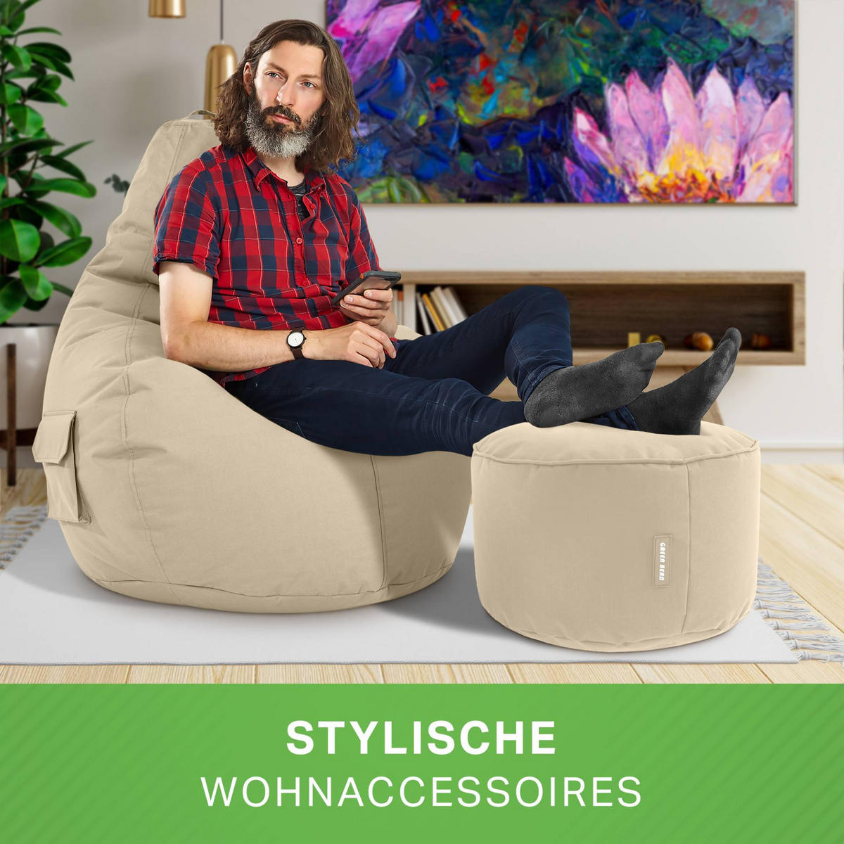 SITZSACK + Hocker "Cozy+Stay" 2er Set - Beige, Textil (70/90/80cm) - Green Bean