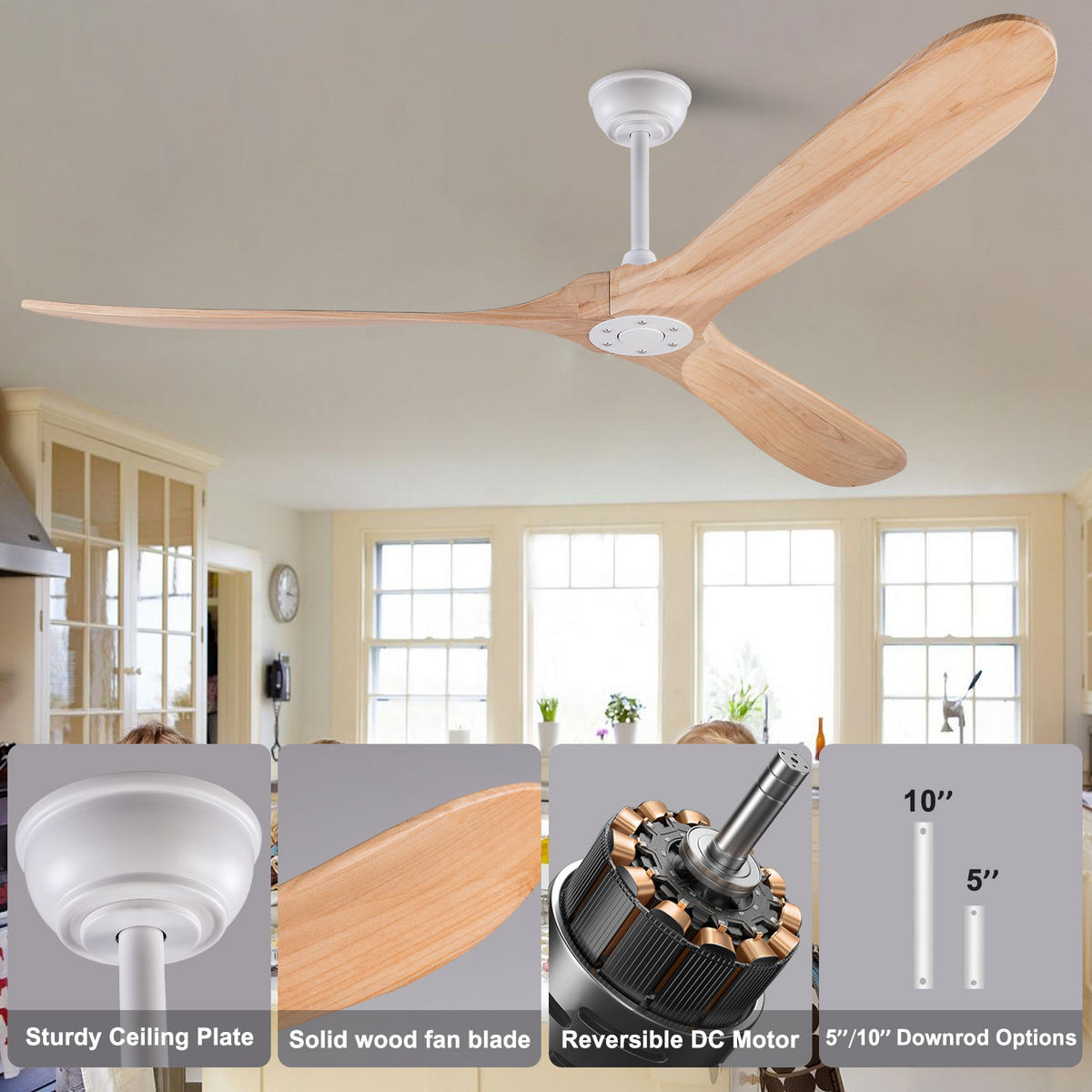 DECKENVENTILATOR 72Zoll Holz Ohne Licht Extra Groß Terrasse - Weiß, Kunststoff (183/183/32cm) - CASIVA