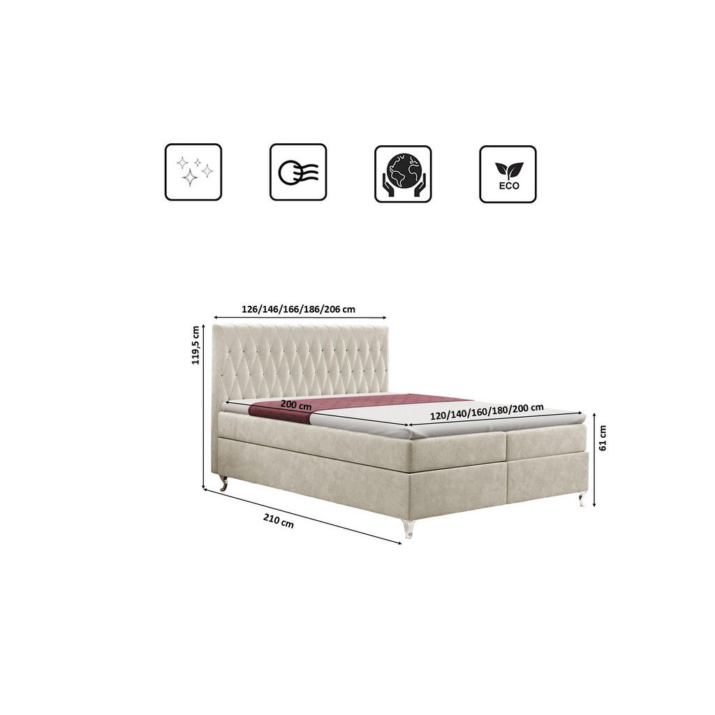 Thumbnail - Kaiser Möbel Boxbett, Creme, Textil, H3, Höhe ca. 20 cm, 120x200 cm, Schlafzimmer, Betten, Boxspringbetten