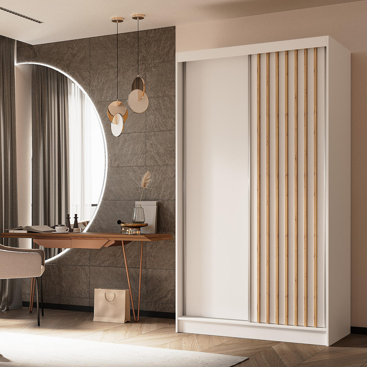 SCHWEBETÜRENSCHRANK LAMELLO 120/216/61 cm 2-türig Weiß - Weiß, Holzwerkstoff (120/216/61cm) - MASSENO