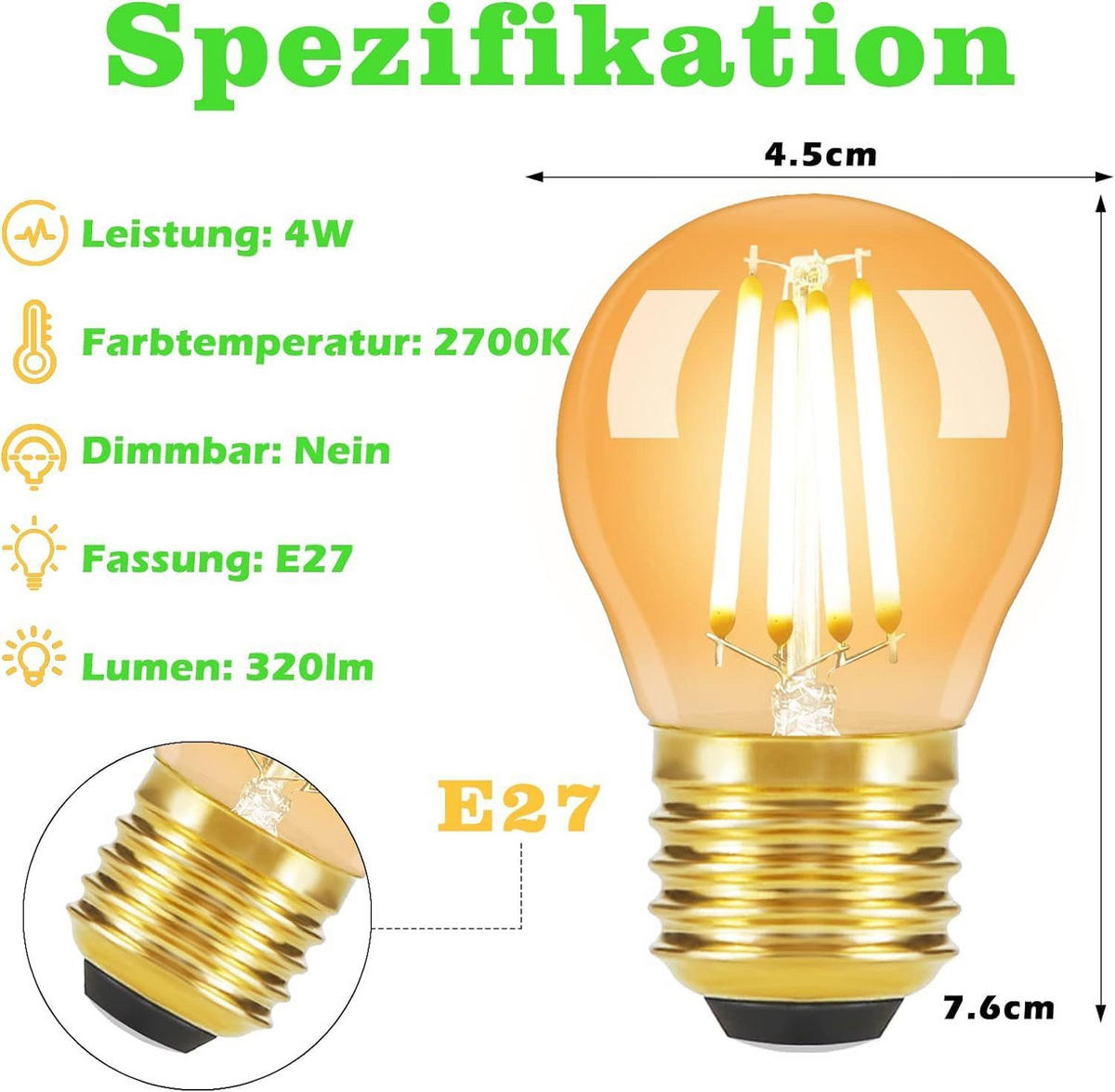 LED žárovky E27 4W (sada 6 ks) - průhledná, sklo (4.5/7.6cm) - Nettlife