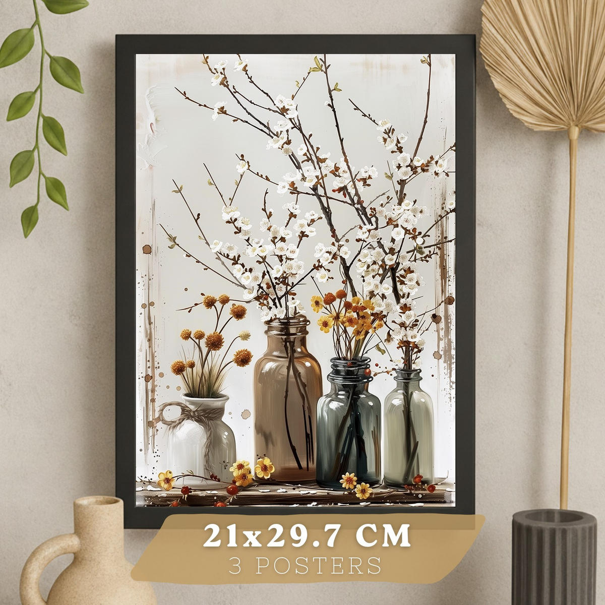 PLAKAT Sada 3 Květiny A3 Černý rám - černá, papír (29.7/1/42cm) - Nacnic