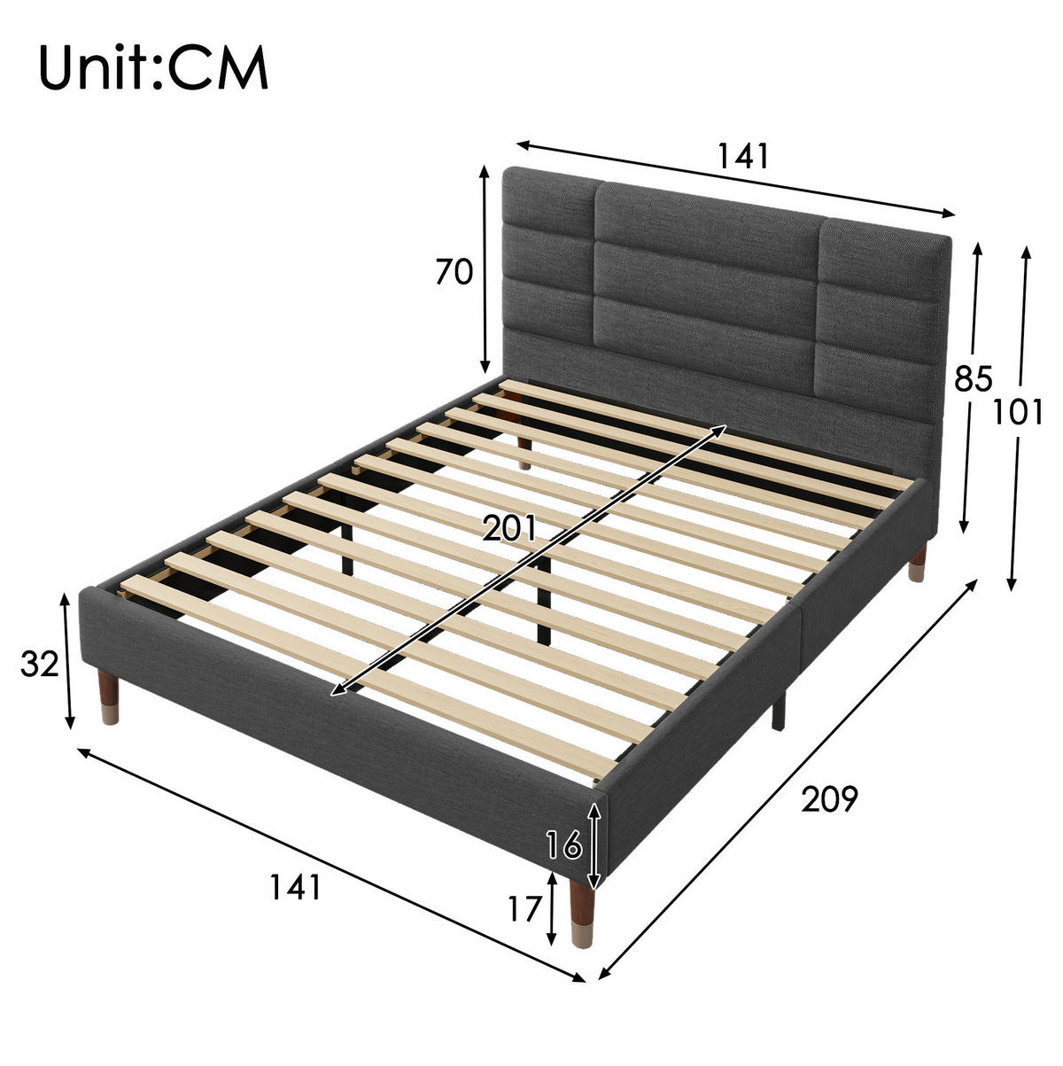 ČALÚNENÁ posteľ z masívneho dreva 140x200 cm sivá s lamelovým roštom a úložným priestorom pod posteľou - sivá, drevo (140/200cm) - Modfu