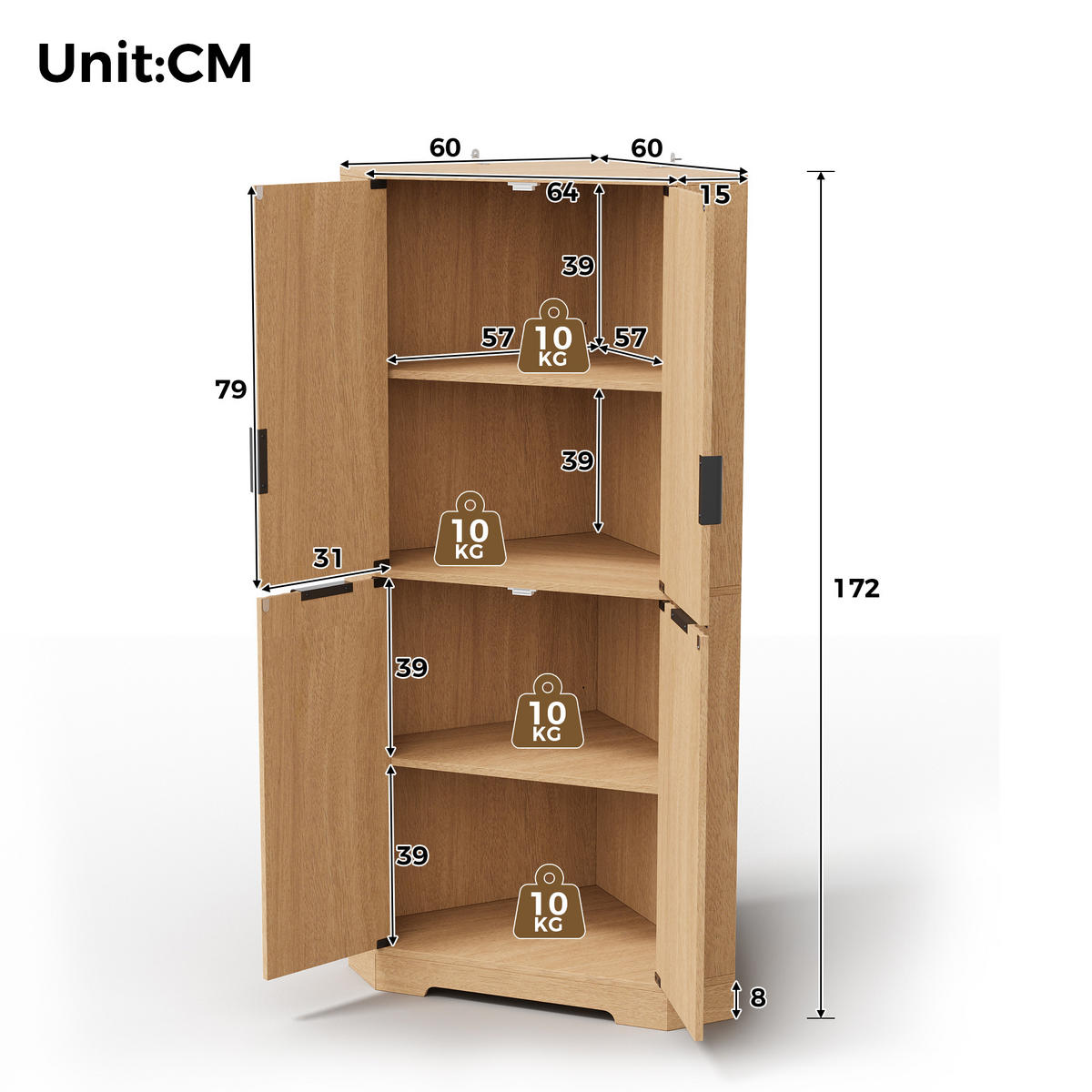 ECKSCHRANK Aufbewahrungsschrank Naturholz-Optik 4 Türen & Böden 172cm - Naturfarben, Holzwerkstoff (60/172/60cm) - Urban Meuble