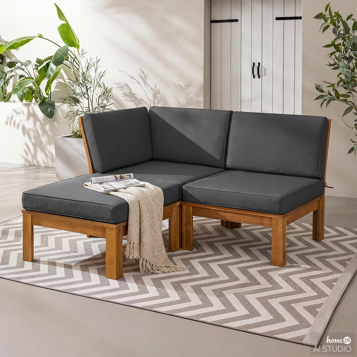 LOUNGEECKE - Webstoff / Akazie massiv - Anthrazit, Holz/Textil (71/73/71cm) - home24