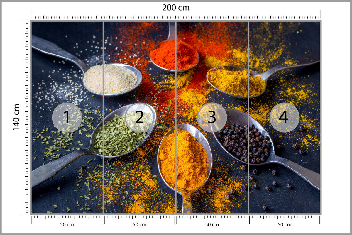 FOTOTAPETE für Küche Gewürzlöffel Orientalisch Curry Kurkuma Pfeffer 200x140 - Beige/Rot, Papier (200/140cm) - Muralo