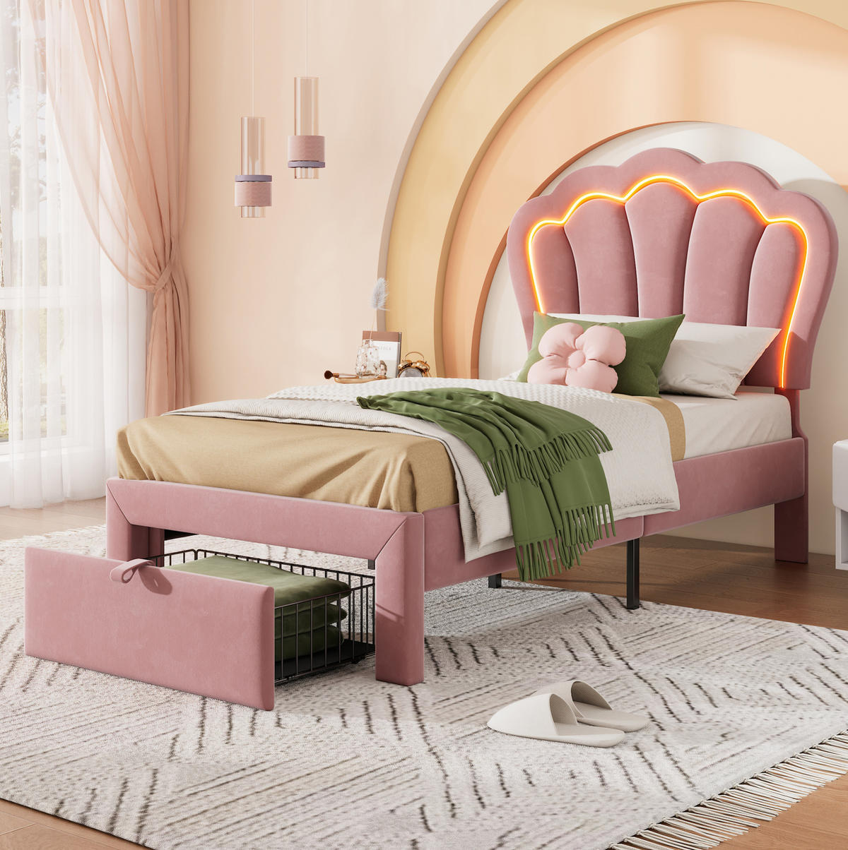 POLSTERBETT 90/190 cm mit RGB-LED, Schublade, verstellbarem Kopfteil und Blumenmuster aus Samt, Rosa - Rosa, Textil (90/190cm) - Redom