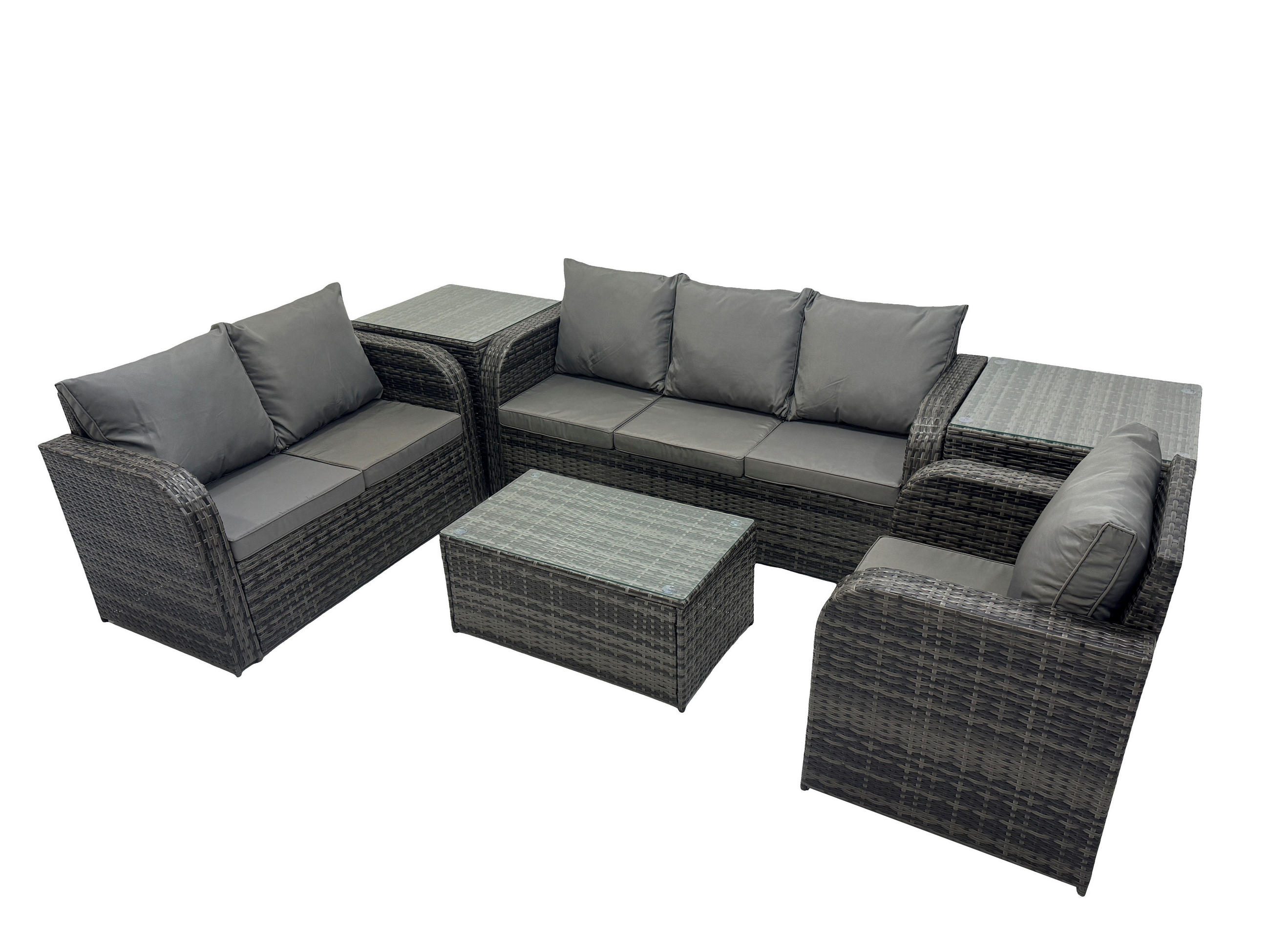 GARTENSET Polyrattan Dunkelgrau 6-Sitzer - Dunkelgrau/Grau, Glas/Kunststoff - Fimous