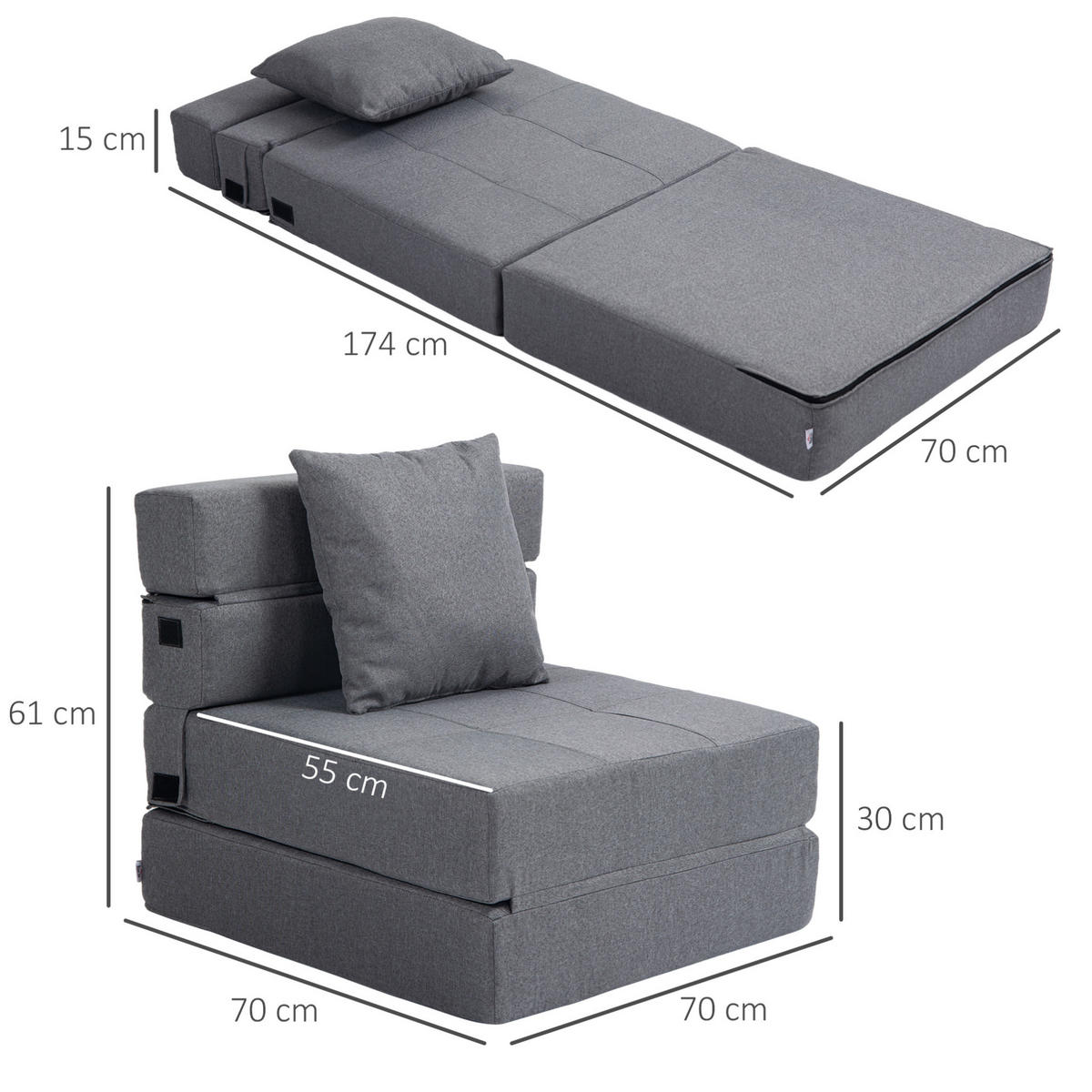 SCHLAFSESSEL mit Liegefläche 70/174 cm – klappbar und platzsparend - Dunkelgrau, Textil (70/61/70cm) - BEAOK