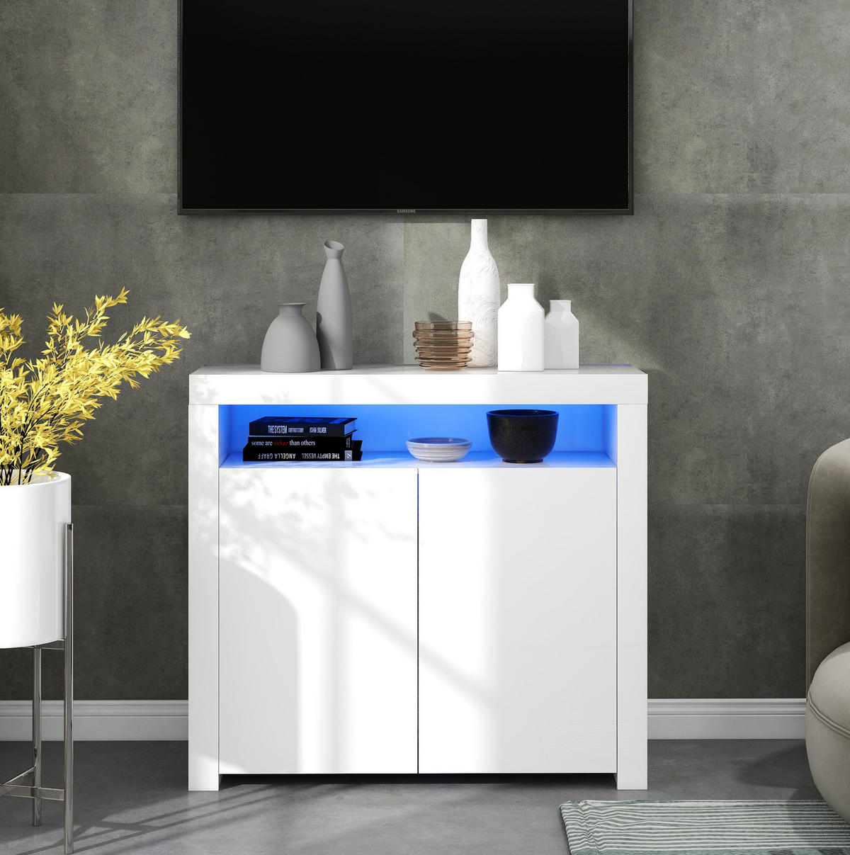 LED-SIDEBOARD aus Spanplatte 108x40x92 cm Weiß mit 2 Türen, Hochglanzfront und USB-Anschluss - Weiß, Holzwerkstoff (108/92/40cm) - IVMEU