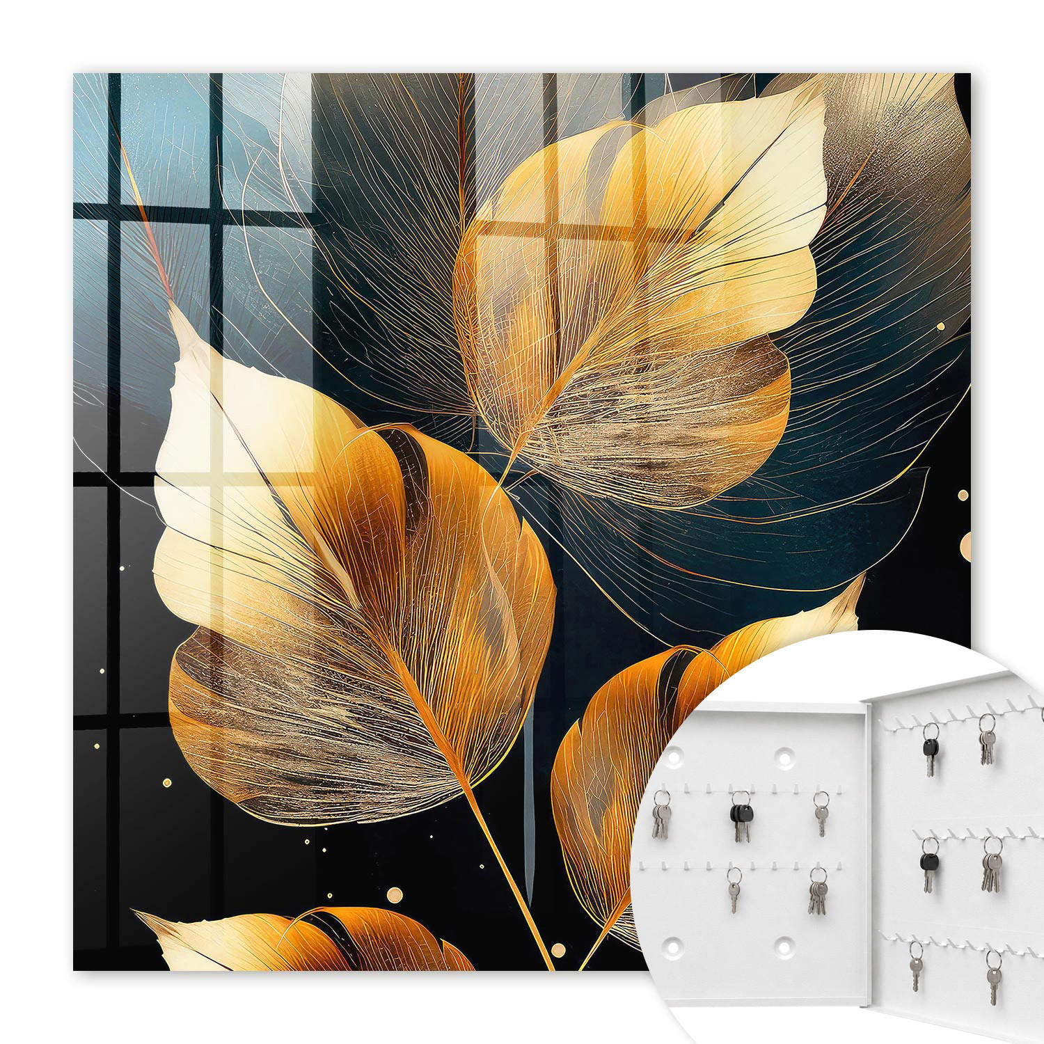 SCHLÜSSELBOX Weiß 30x30 cm – Türöffnung nach rechts - Blätter der Eleganz - Gelb, Metall (30/30/5cm) - TULUP