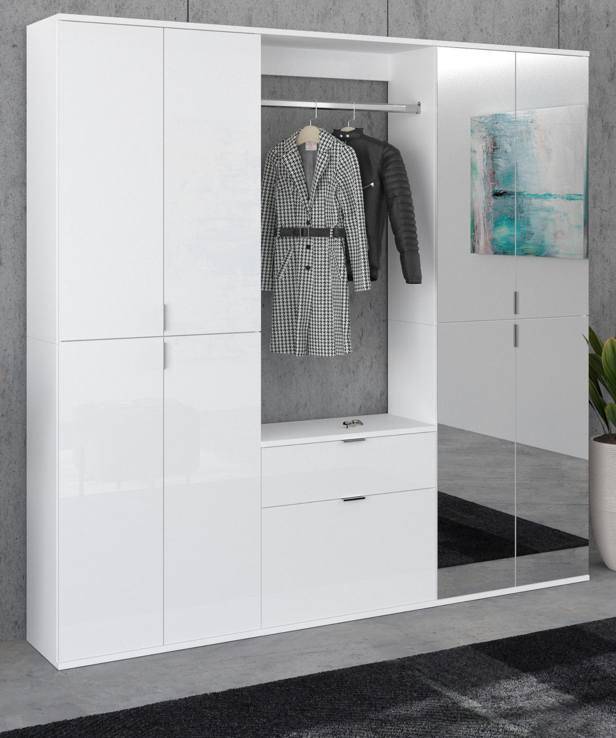 GARDEROBEN-SET weiß Hochglanz 183 cm mit Spiegel, 21 Fächer, Flurgarderobe - Chromfarben/Weiß Hochglanz, Glas/Holzwerkstoff (183/193/34cm) - Inn.Furn