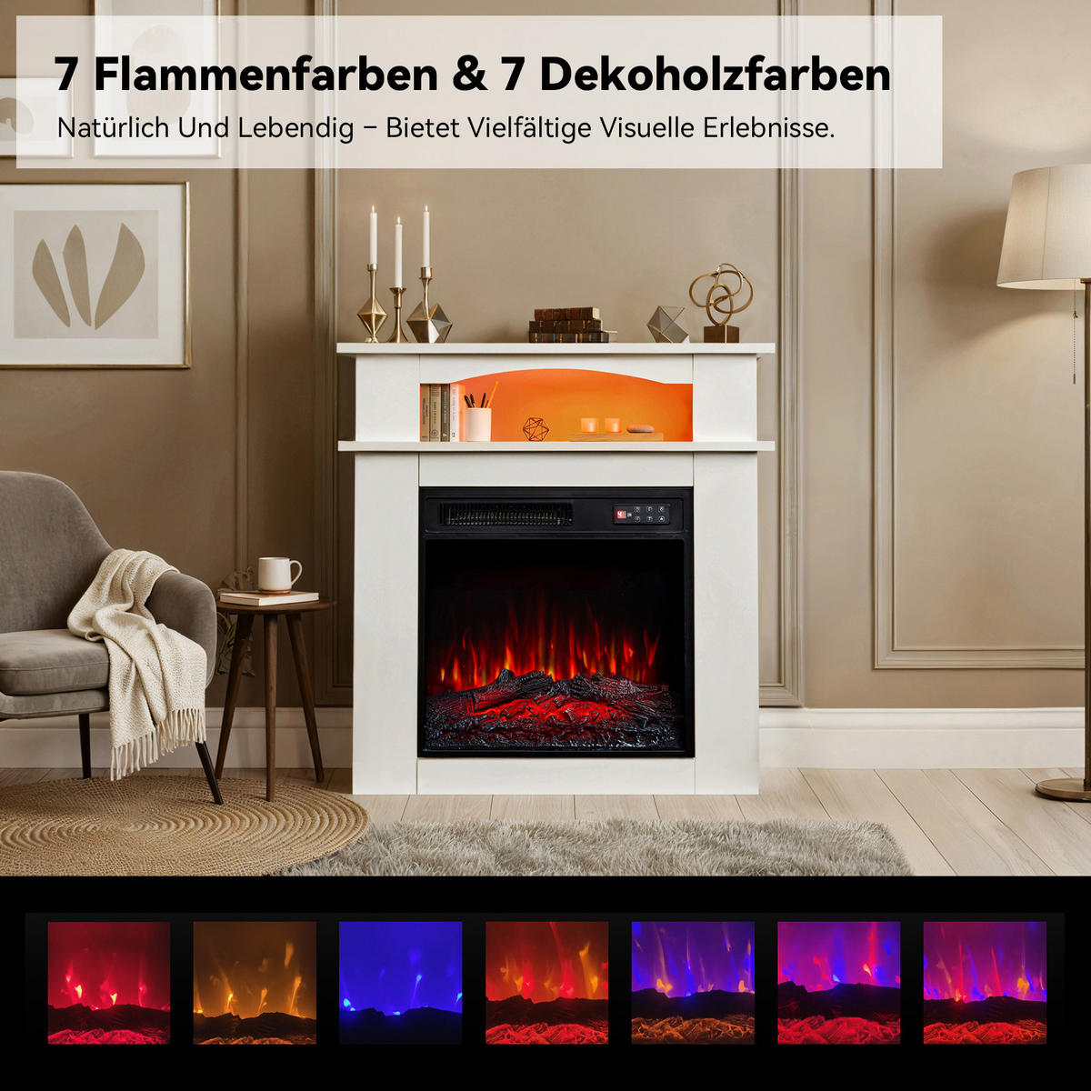 ELEKTROKAMIN mit Schrank, 1000W / 2000W Heizleistung - Weiß, Metall (48.51/45.54/13.57cm)