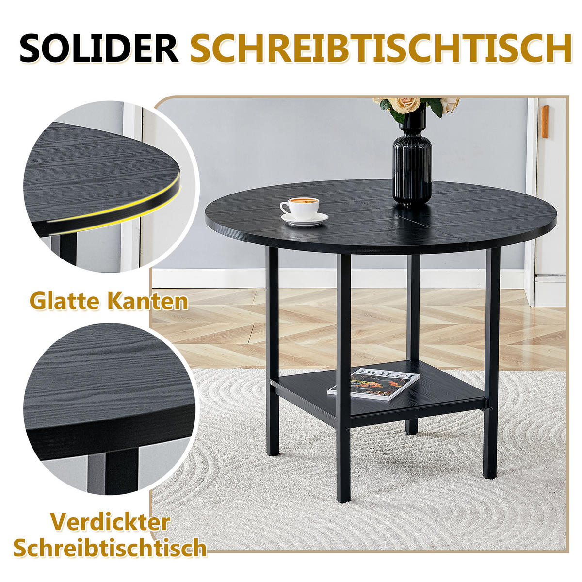 ESSTISCH Schwarz mit Ablagefach und Metallgestell 100/100/77 cm - Schwarz, Holz (100/100/77cm) - Oxeza