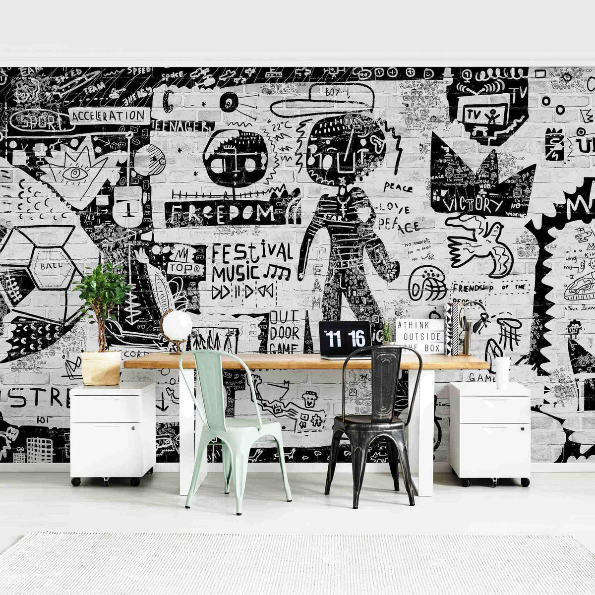 FOTOTAPETE Abstract Graffiti Art Schwarz Weiß 384/255 cm - Schwarz, Papier (384/255cm) - Bilderwelten