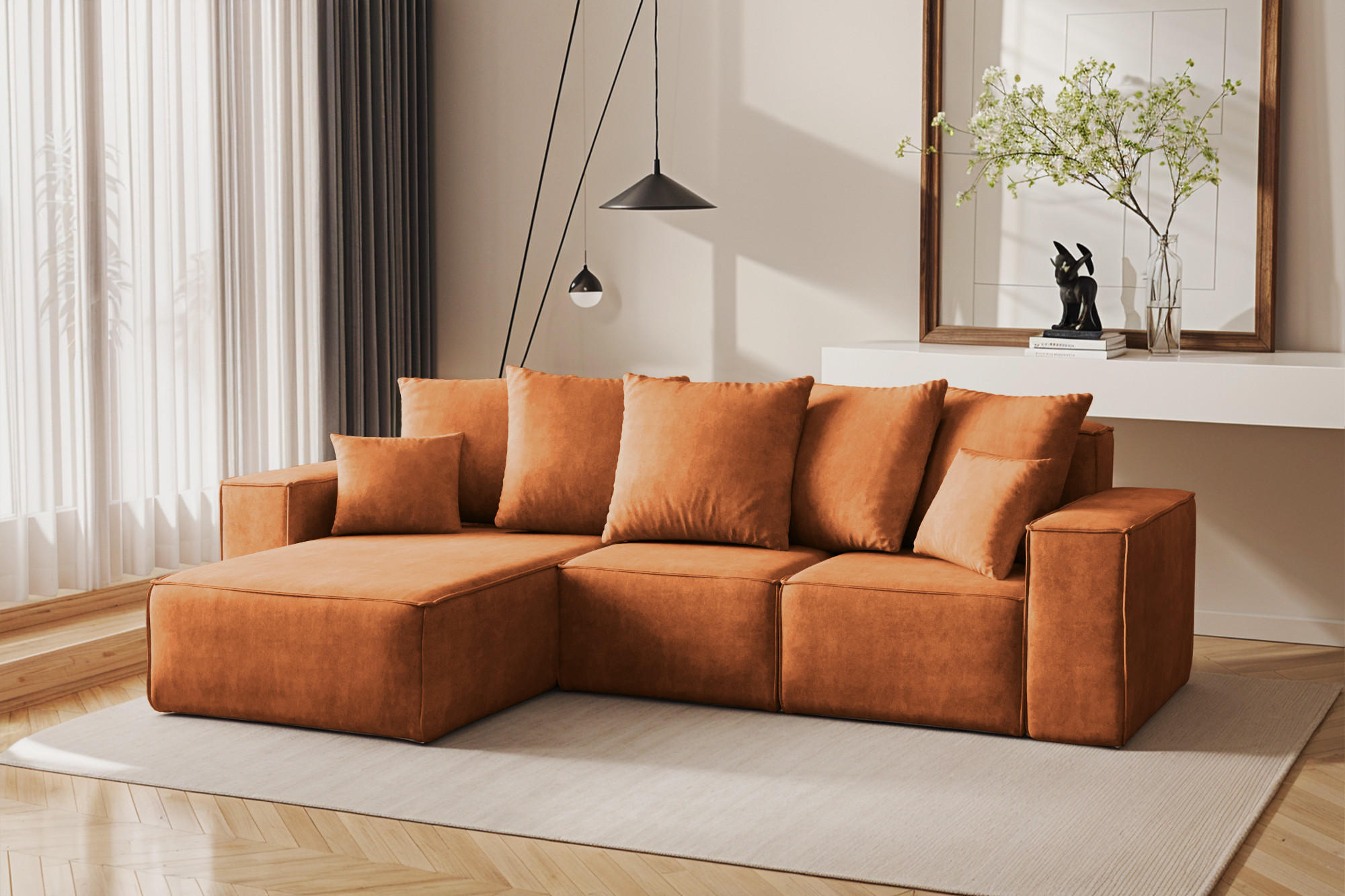 ECKSOFA L-Form Premium Kollektion ELLA Stoff Velours Noel Orange Links - Orange, Holz/Textil (168/262cm) - Kaiser Möbel