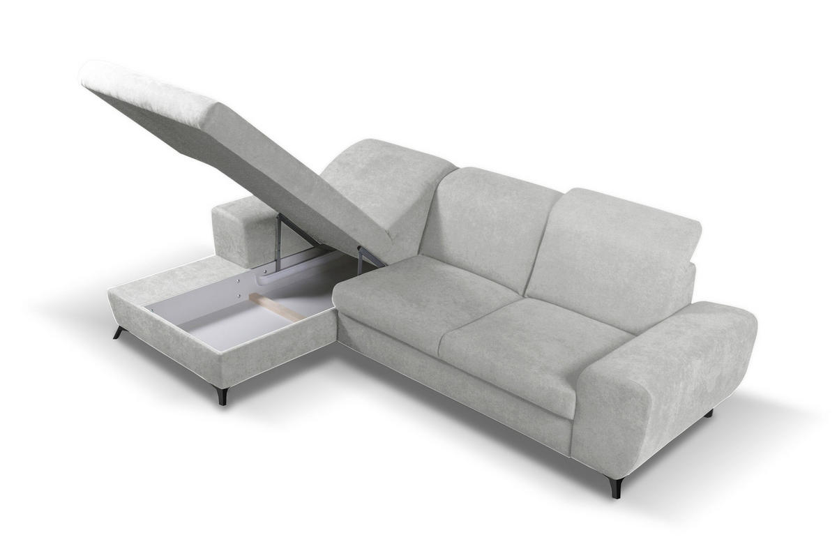 ECKSOFA LUCE L-S Grau Plüsch-Stoff mit Schlaffunktion - Grau, Holz (279/172cm) - MASSENO