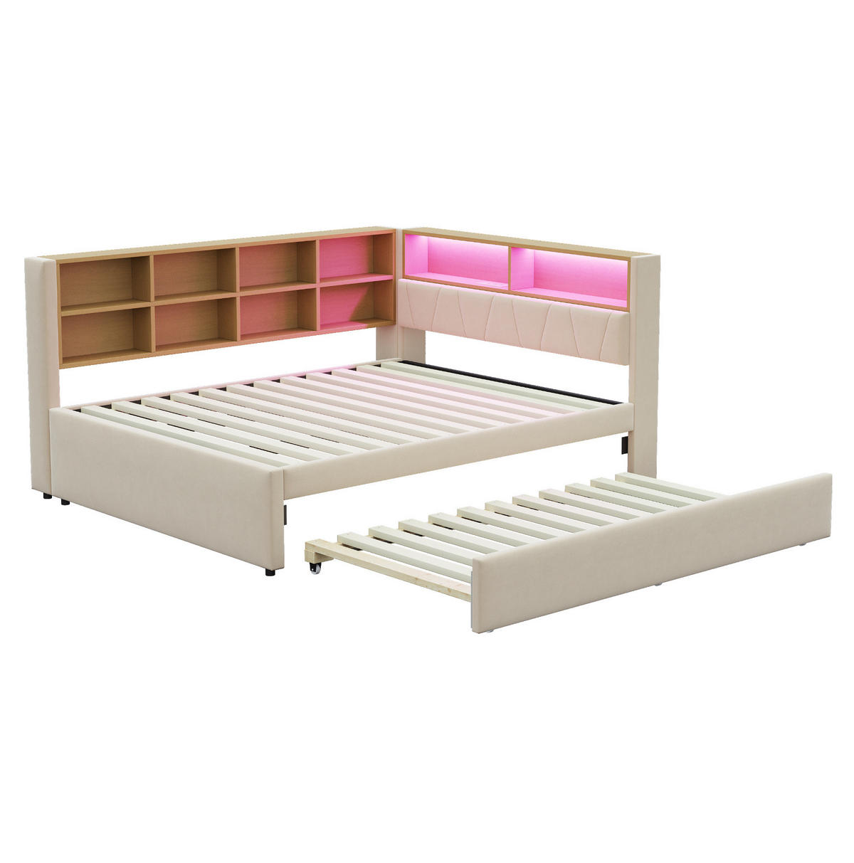 KREVET 140/200 cm s izvlačnim ležajem 90/190 cm, LED osvjetljenjem i USB priključcima, Bež - bež, tekstil (213/98/153cm) - Redom