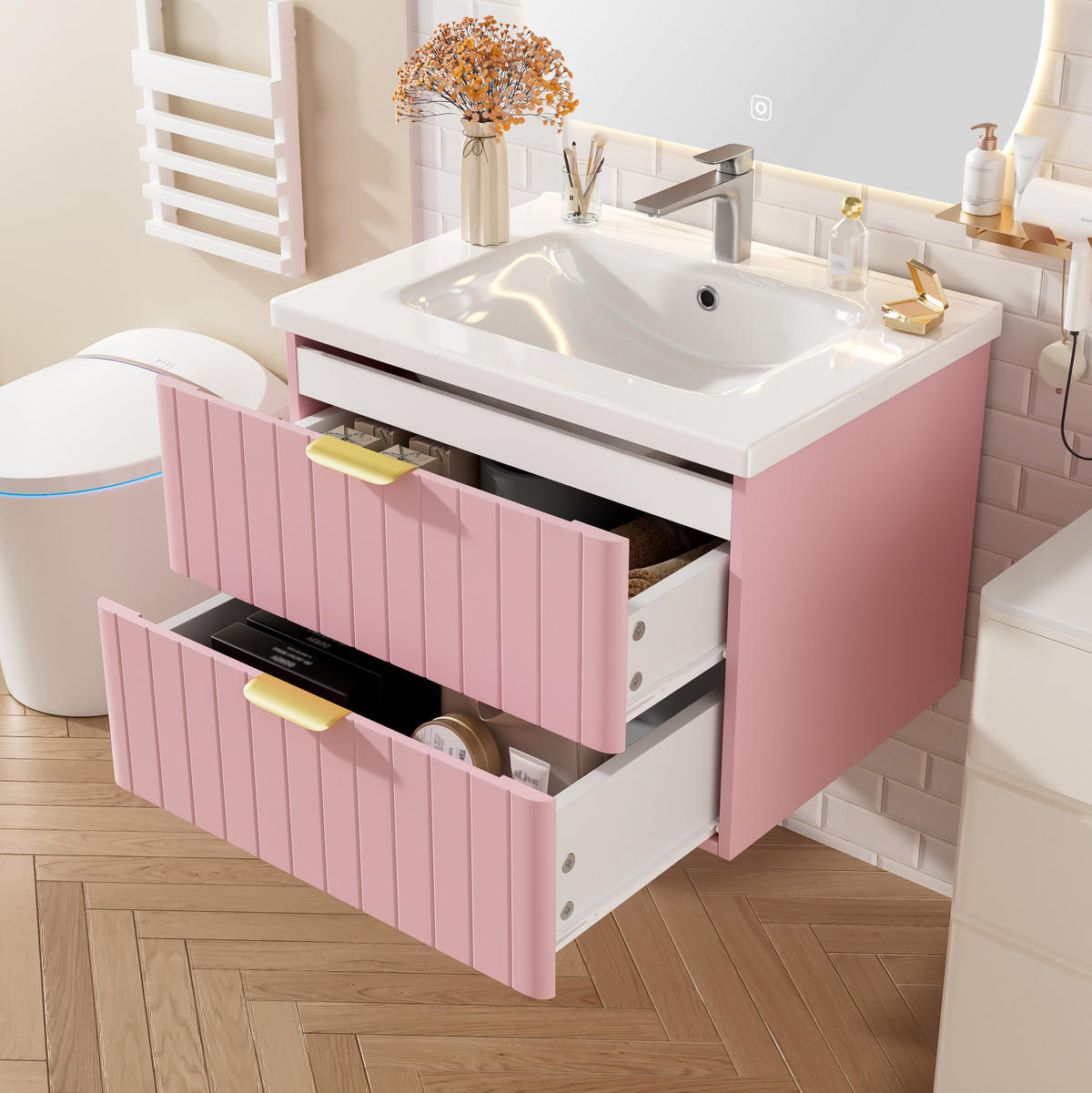 WANDMONTIERTER Waschtisch mit Keramikbecken 60.5x47.5x47cm Rosa-Weiß,2 Ebenen - Rosa, Holzwerkstoff (60.5/47/47.5cm) - Modfu