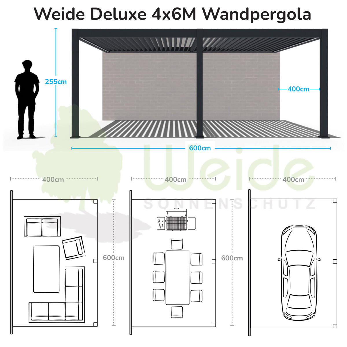 WANDPERGOLA Deluxe Plus Elektrisch Wand Pavillon Terrassenüberdachung Alu LED 4 x 6 m - Weiß, Metall (400/255/600cm) - WEIDE