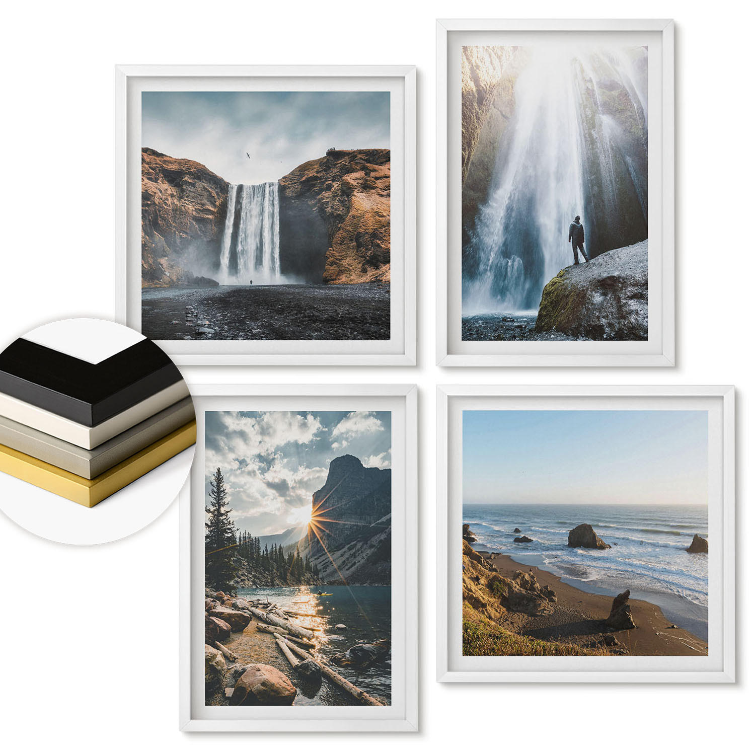 WANDBILDER 4er-Set - 50x50 cm & 40x60 cm Weißer Rahmen - Wasserfälle, Berge, Landschaften, Natur - Weiß, Kunststoff (50/50cm) - ArtPrintCave