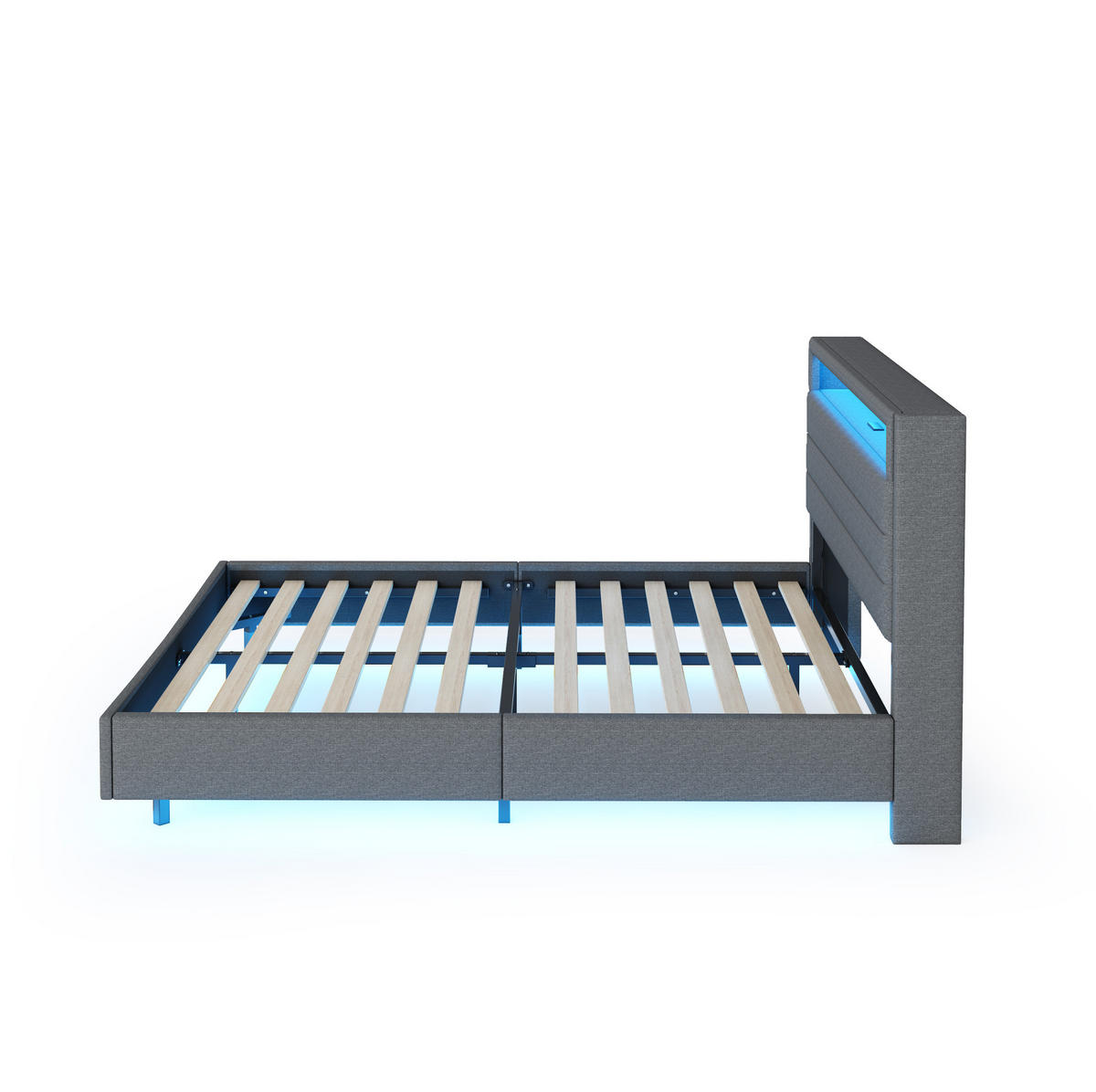 ČALÚNENÁ posteľ 160x200 cm s USB portom a farebným LED osvetlením, sklopným čelom a skrytými nohami, Sivá - sivá, textil (160/200cm) - Redom
