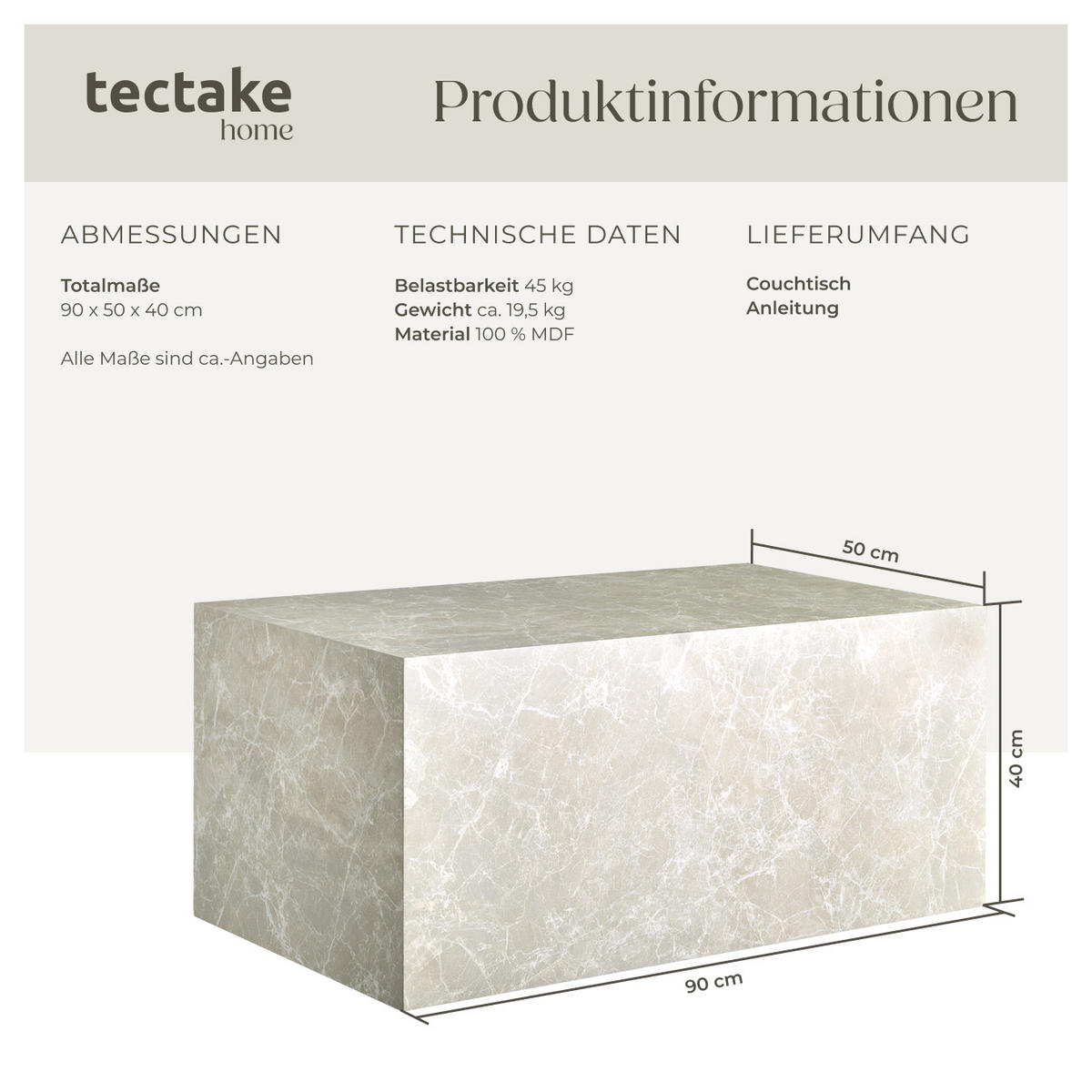 COUCHTISCH Lasley,90 x 50 x 40 cm,Travertin Optik - Beige, Holz (50/90/40cm) - tectake