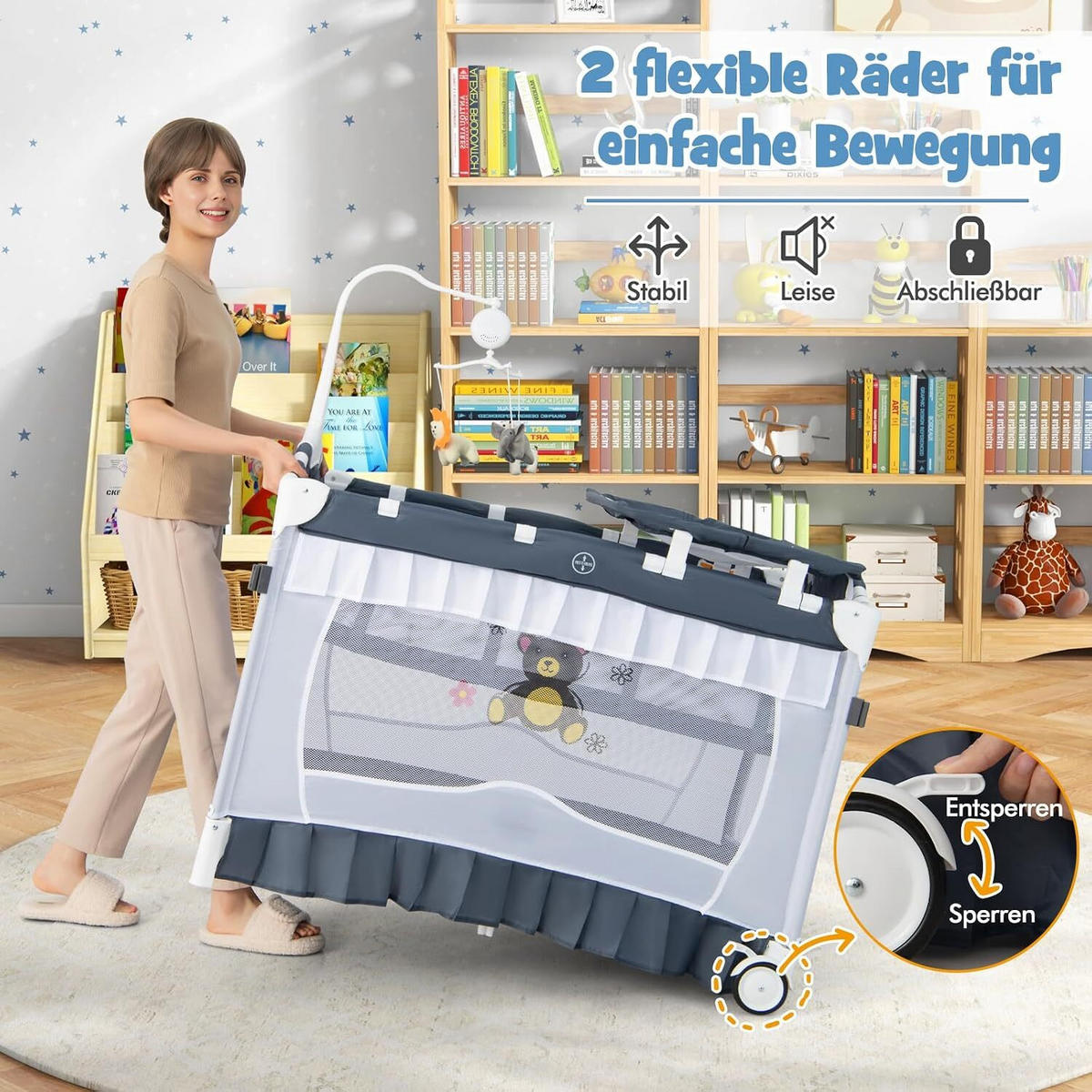 BABYBETT mit abnehmbarem Baldachin grau - Grau, Textil - COSTWAY