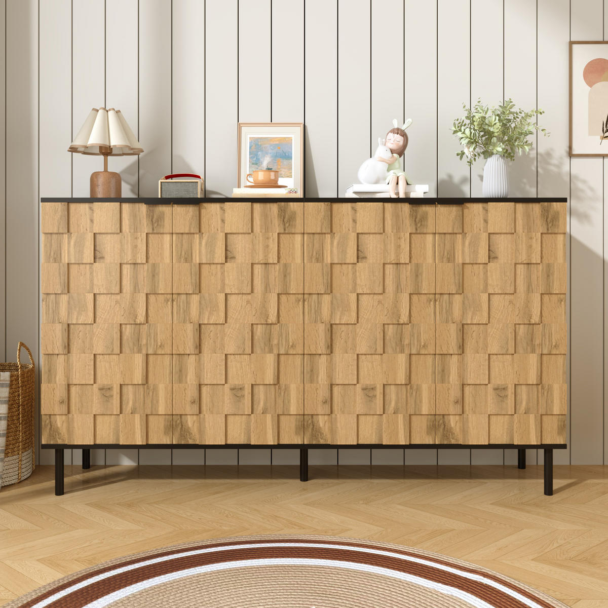 SIDEBOARD Moderner Aufbewahrungsschrank mit Mosaik-Türdesign, Metallfüßen, Stauraum, Holzoptik, Spanplatte - Naturfarben, Holzwerkstoff/Metall (80/91.5/35cm) - EVRYAE