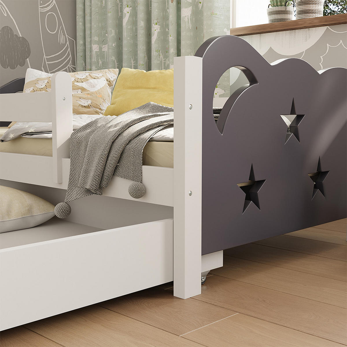 KINDERBETT Jessica Grau 80x160 cm mit Schublade, ohne Matratze - Weiß/Grau, Holzwerkstoff (166/53/86cm) - VitaliSpa