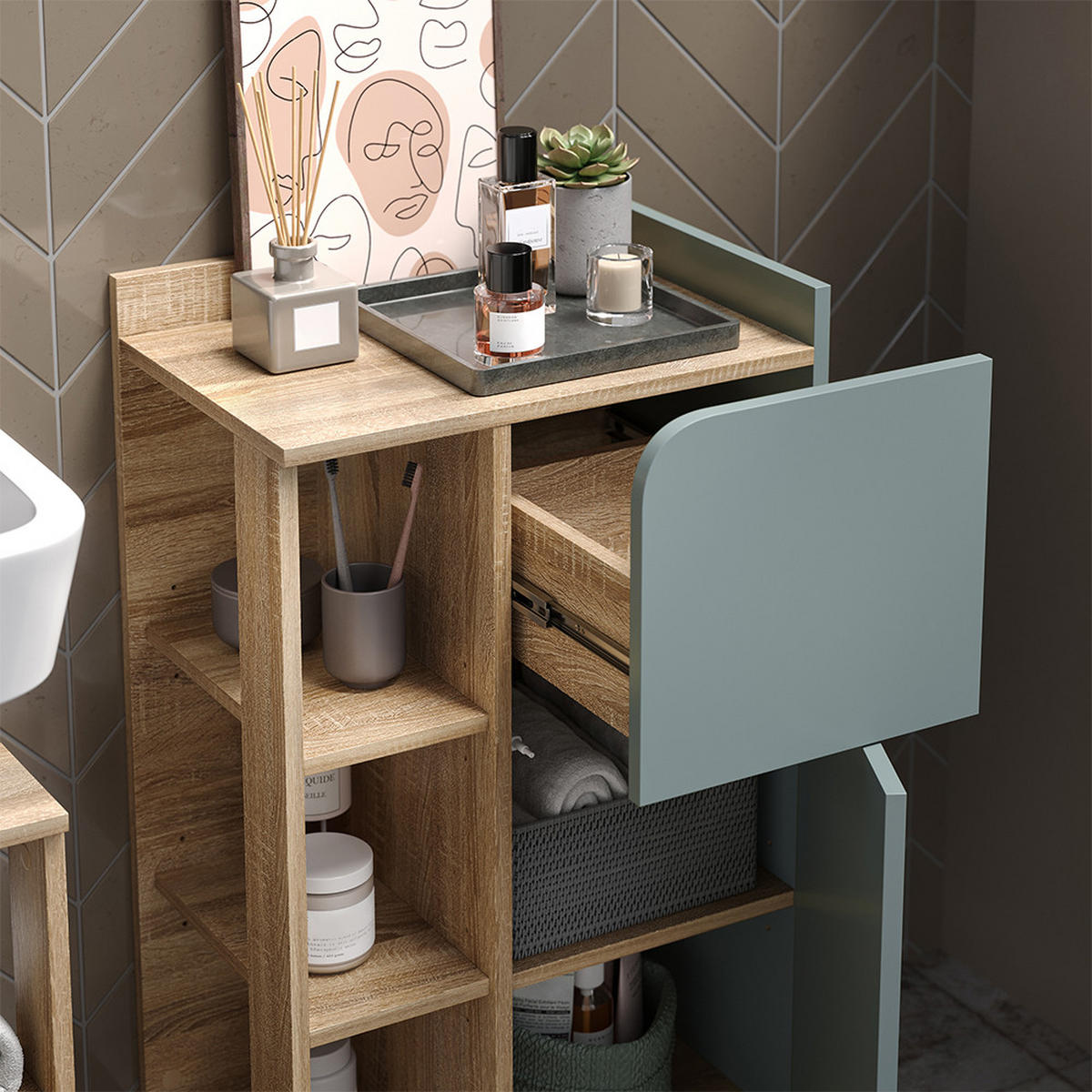 UNTERSCHRANK Karen Blau-Grau 50 x 90 cm mit Tür und Schublade - Dunkelblau/Sonoma Eiche, Holzwerkstoff (50/90/35cm) - Vicco