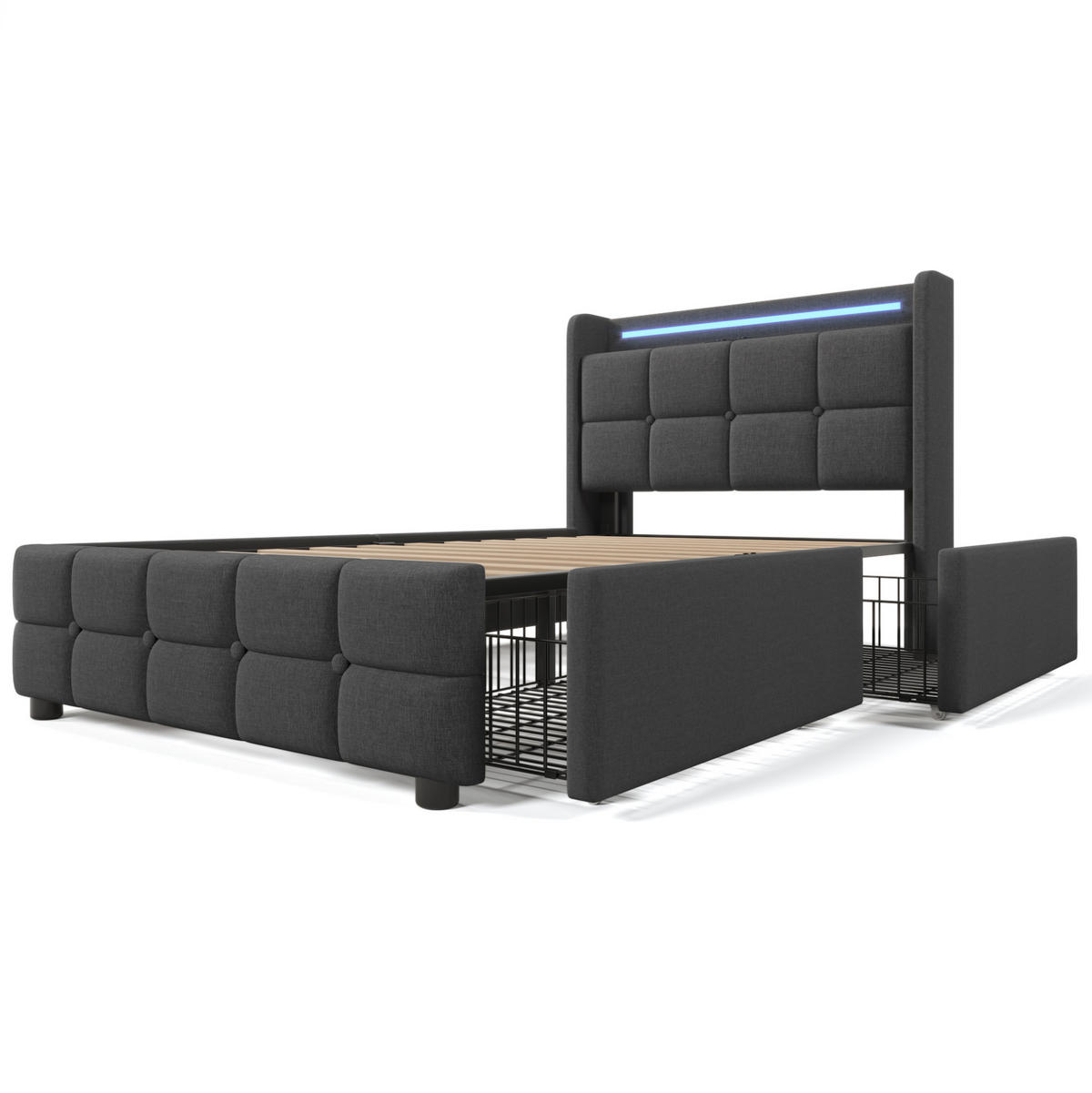 POLSTERBETT 90/200 cm mit LED-Beleuchtung, USB und 2 Schubladen in Grau - Grau, Holz (90/200cm) - BEAOK