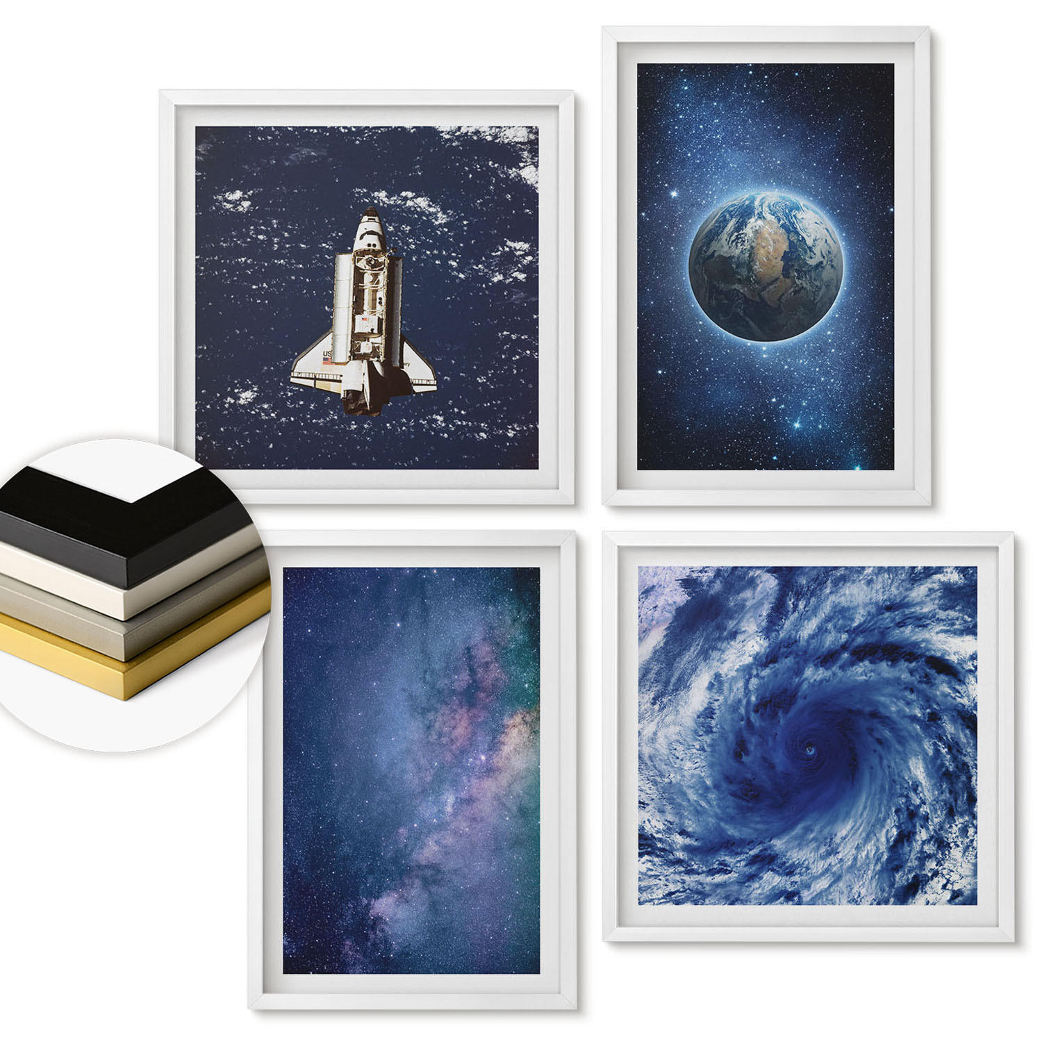 WANDBILDER 4er-Set - 50x50 cm & 40x60 cm Weißer Rahmen - Erde Weltraumsturm Galaxie - Weiß, Kunststoff (50/50cm) - ArtPrintCave