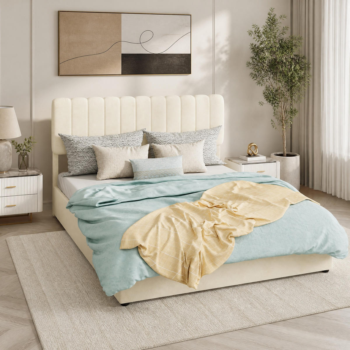 POLSTERBETT 140/200 mit hydraulischem Bettkasten und gepolstertem Kopfteil aus Holland-Samt in Beige - Beige, Holzwerkstoff/Textil (140/200cm) - EVRYAE