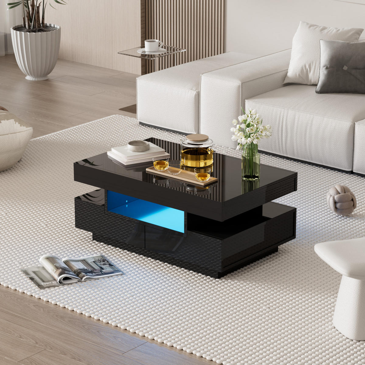 COUCHTISCH Schwarz Weiß mit LED, Stauraum und 4 Schubladen - Schwarz, Metall (80/50/36cm)
