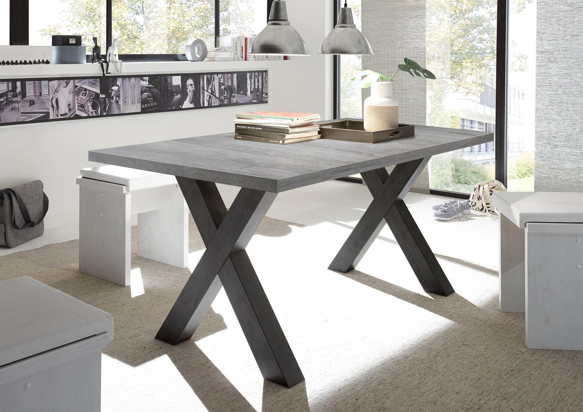 ESSTISCH ausziehbar Eike 7 160 x 90 x 75 Esszimmertisch Schwarzstahl/Beton - Hellgrau, Holz (160/90/75cm) - 58aufmkessel