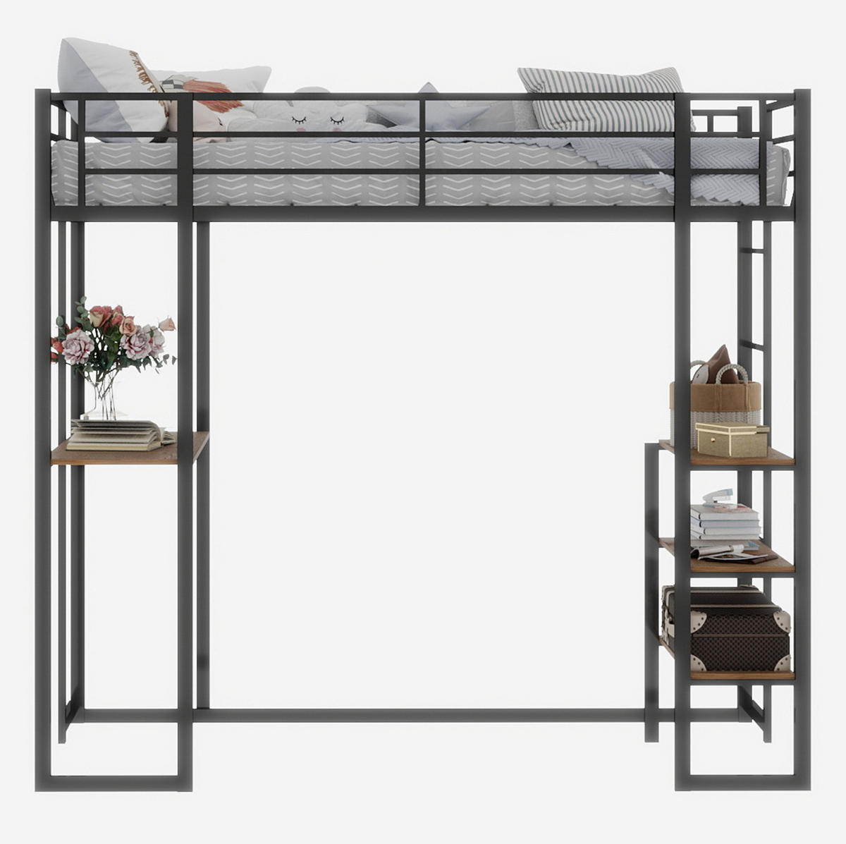 HOCHBETT 90/200 cm mit Schreibtisch, beidseitiger Leiter und stabilem Eisenrahmen, Schwarz - Schwarz, Metall (90/200cm) - Redom