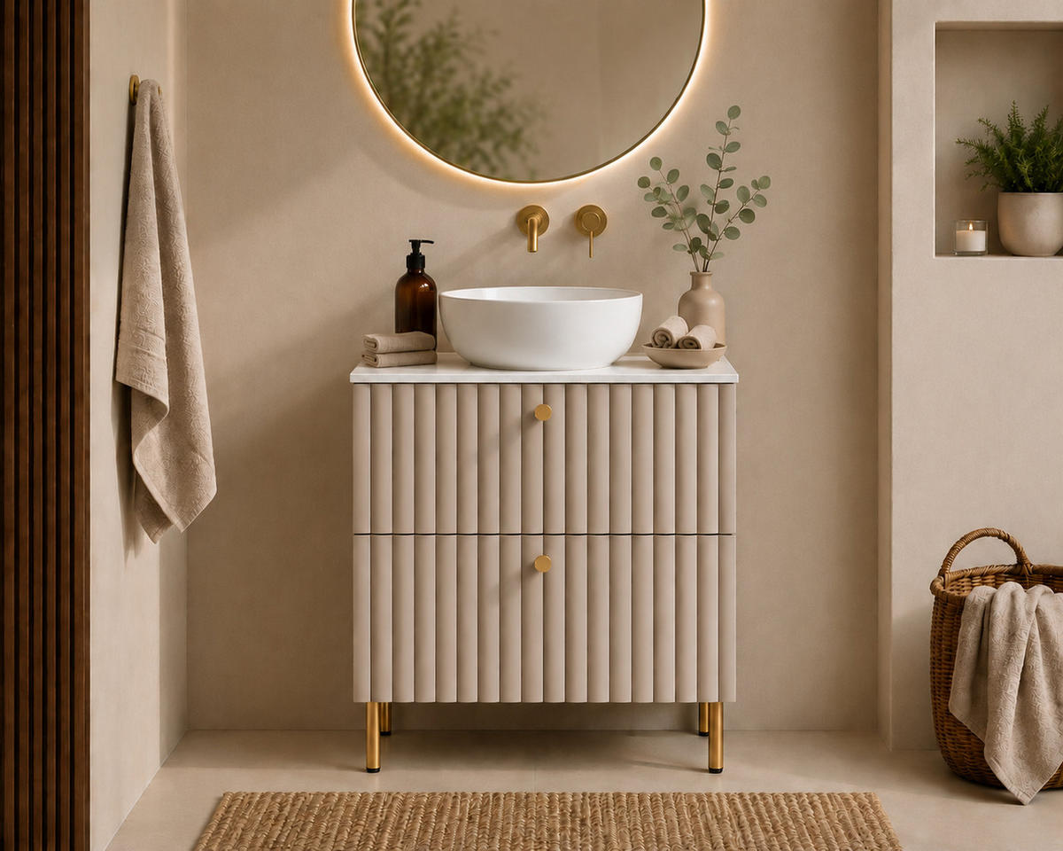 BADEZIMMERSCHRANK: Kaschmir / Platte Marmor Bianco / Griffe Gold / Beine Gold, 60 x 44,4 x 73,6 cm - Kaschmir/Goldfarben, Holzwerkstoff (60/73.6/44.4cm) - 3XE LIVING