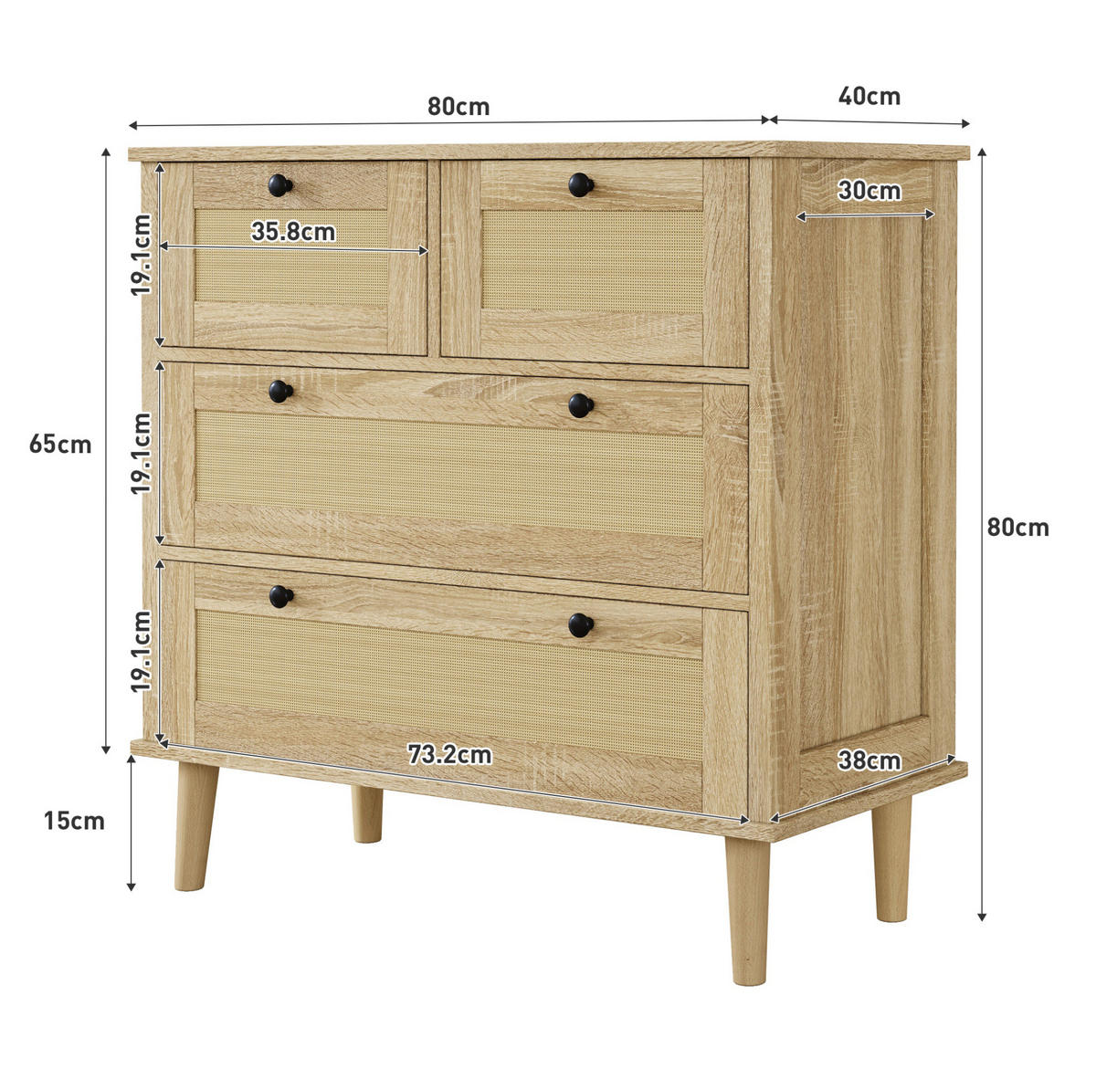 KOMMODE 80/40/80 cm mit 4 Schubladen und Rattanfronten - Naturfarben, Holzwerkstoff (80/80/40cm) - BEAOK