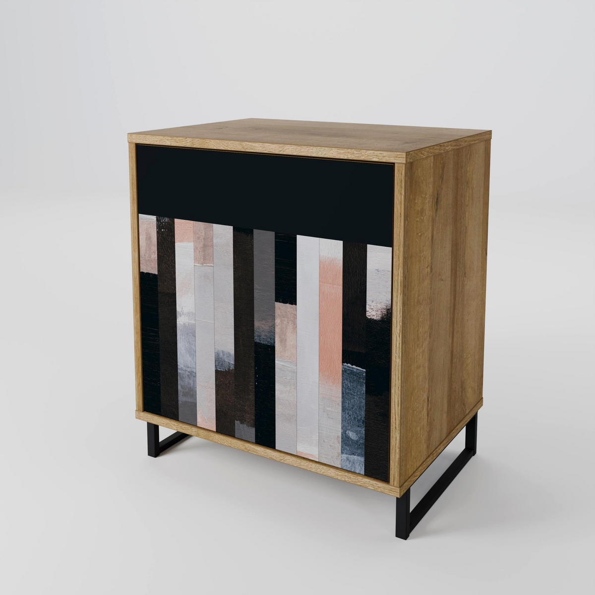 SIDEBOARD COLLAGE OF RECTANGLES, Eichefarben, 57,5x42x72,5 cm, Schwarze Metallfüße - Eichefarben/Multicolor, Holzwerkstoff/Metall (57.5/72.5/42cm) - SpaceRebels