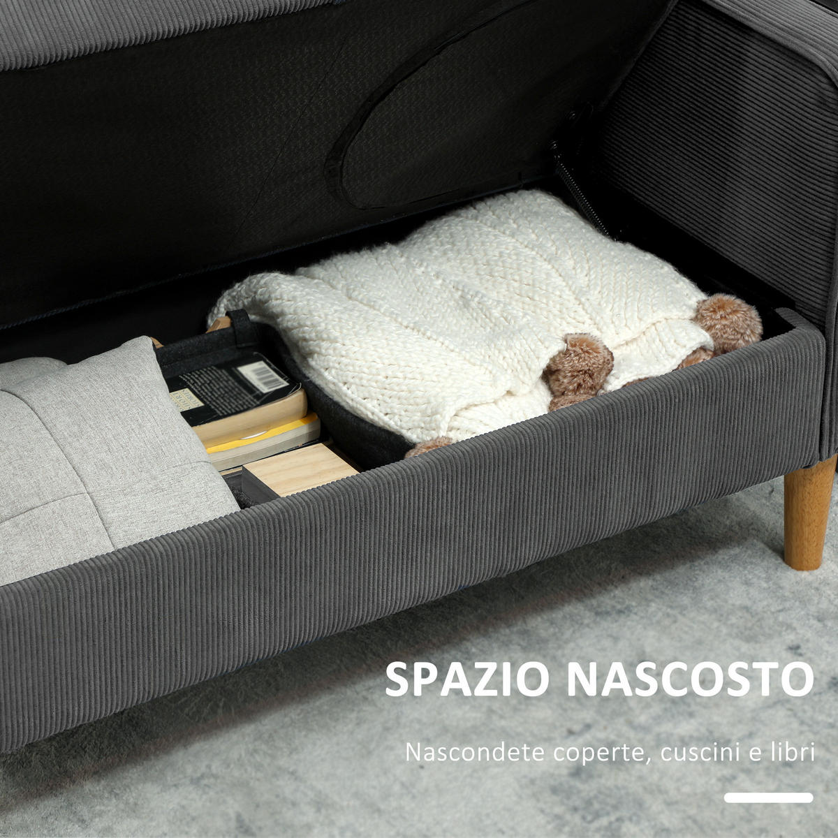 SOFA, 2-Sitzer, Stauraum, 2 Kissen, Samt/Stoff, Holzoptik, grau, 140x63x79cm - Multicolor, Holzwerkstoff (140/79/63cm) - FORIOUS