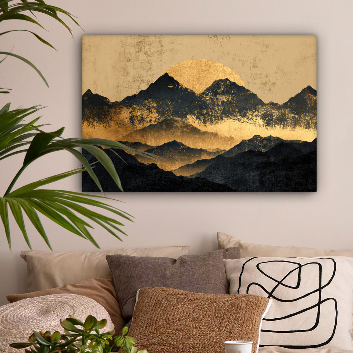 LEINWANDBILD Goldene Berge bei Mondschein Wanddeko 90x60 cm - Goldfarben, Textil (90/60cm) - MuchoWow