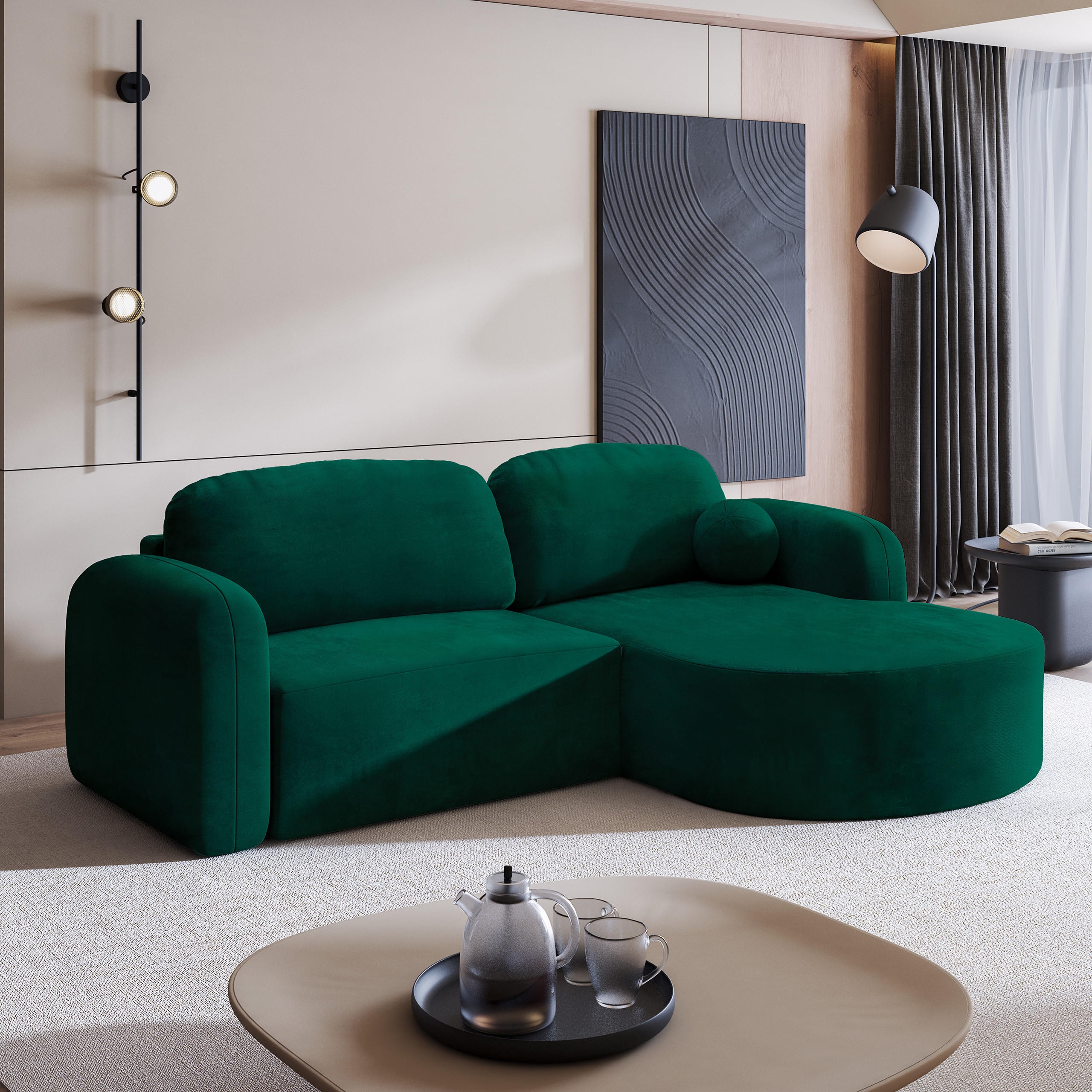 ECKSOFA AMILIA M R-S Grün Velours-Stoff mit Schlaffunktion - Grün, Holz (263/174cm) - MASSENO