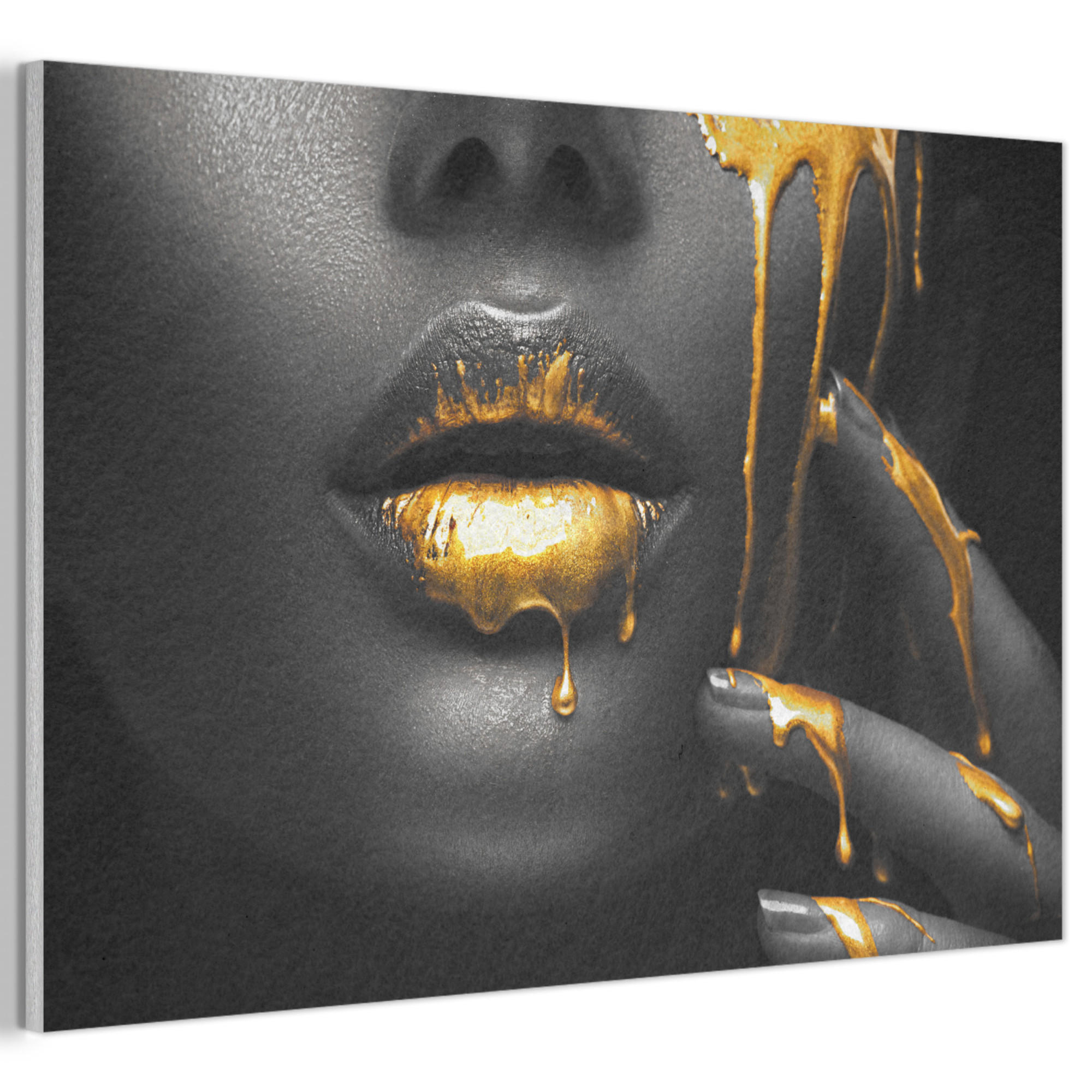 AKUSTIKBILD Frau - Schwarz - Gold - Gesicht - Lippen Akustikpaneele 90x60 cm - Goldfarben, Kunststoff (90/60/0.9cm) - MuchoWow