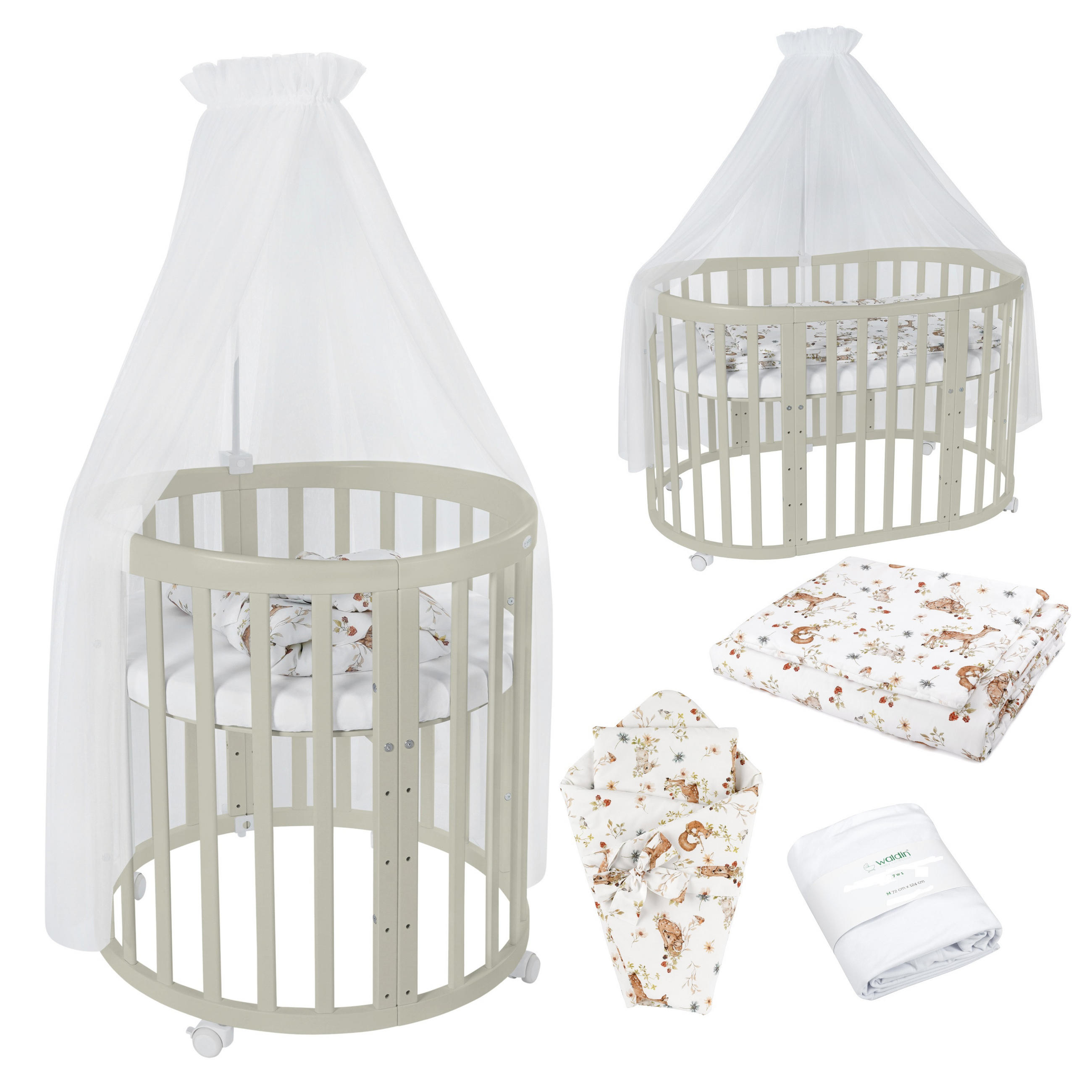 BABYBETT OLIVE OVAL 7in1 mit Matratze und Himmelset - Multicolor/Olivgrün, Holz/Textil